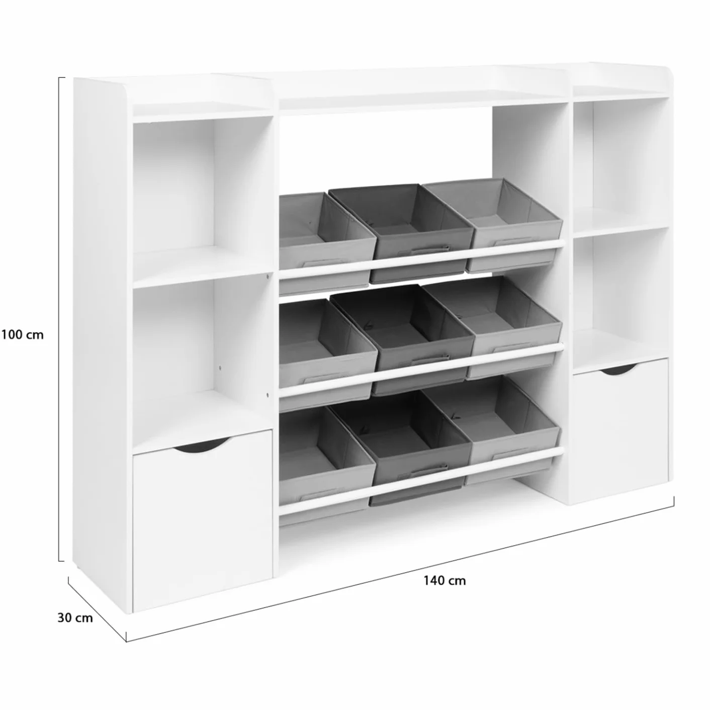 IDMarket Mana - Mueble de almacenamiento infantil 7 estantes, 9 bandejas de tela y 2 cubos con ruedas, color blanco