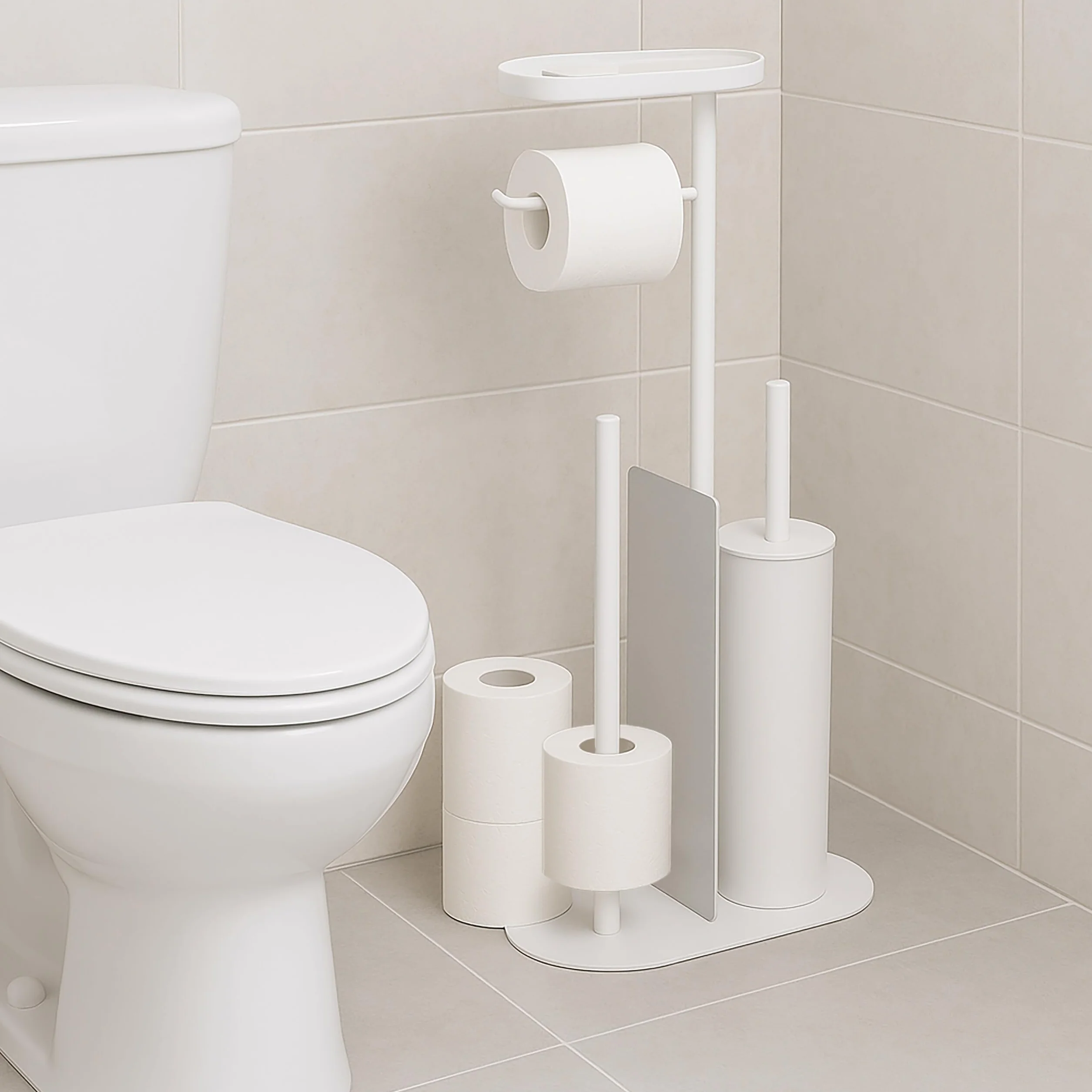 Juego de baño Relaxdays, HxBxT: 65 x 26 x 17 cm, Soporte de Papel higiénico, escobilla, portarrollos, Estante, Blanco