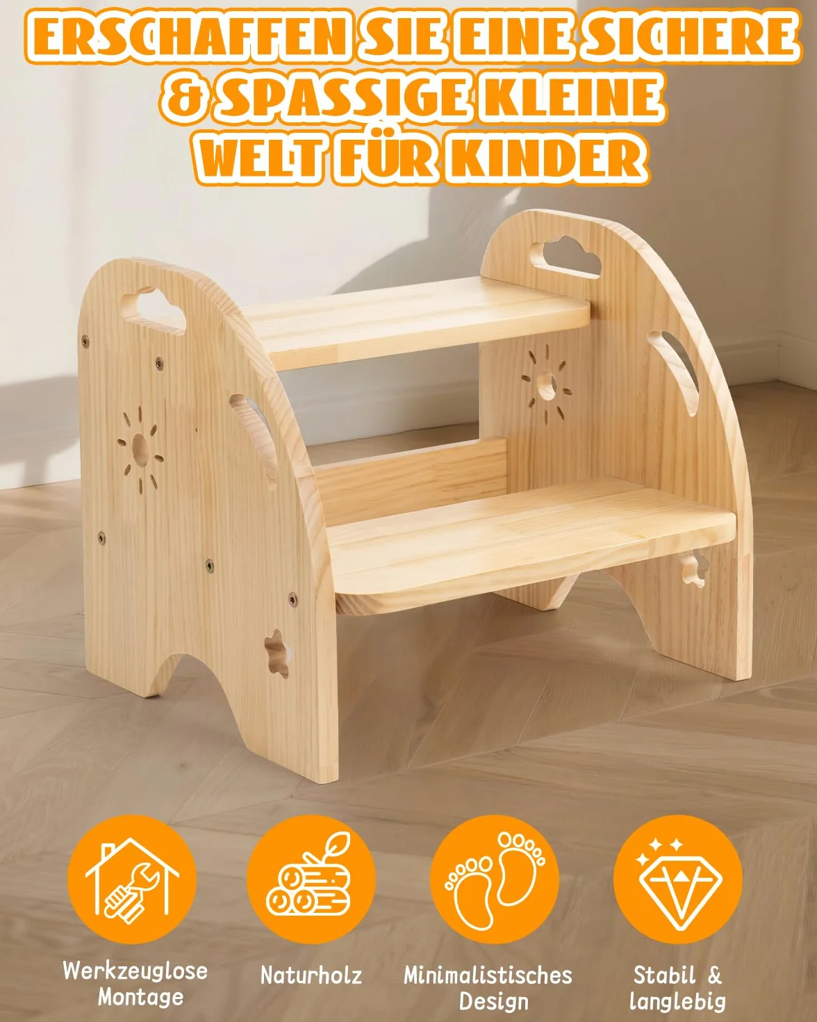 Taburete infantil de madera de 2 niveles, antideslizante, con asa, capacidad de carga de 200 kg, para cocina y baño a partir de 3 años