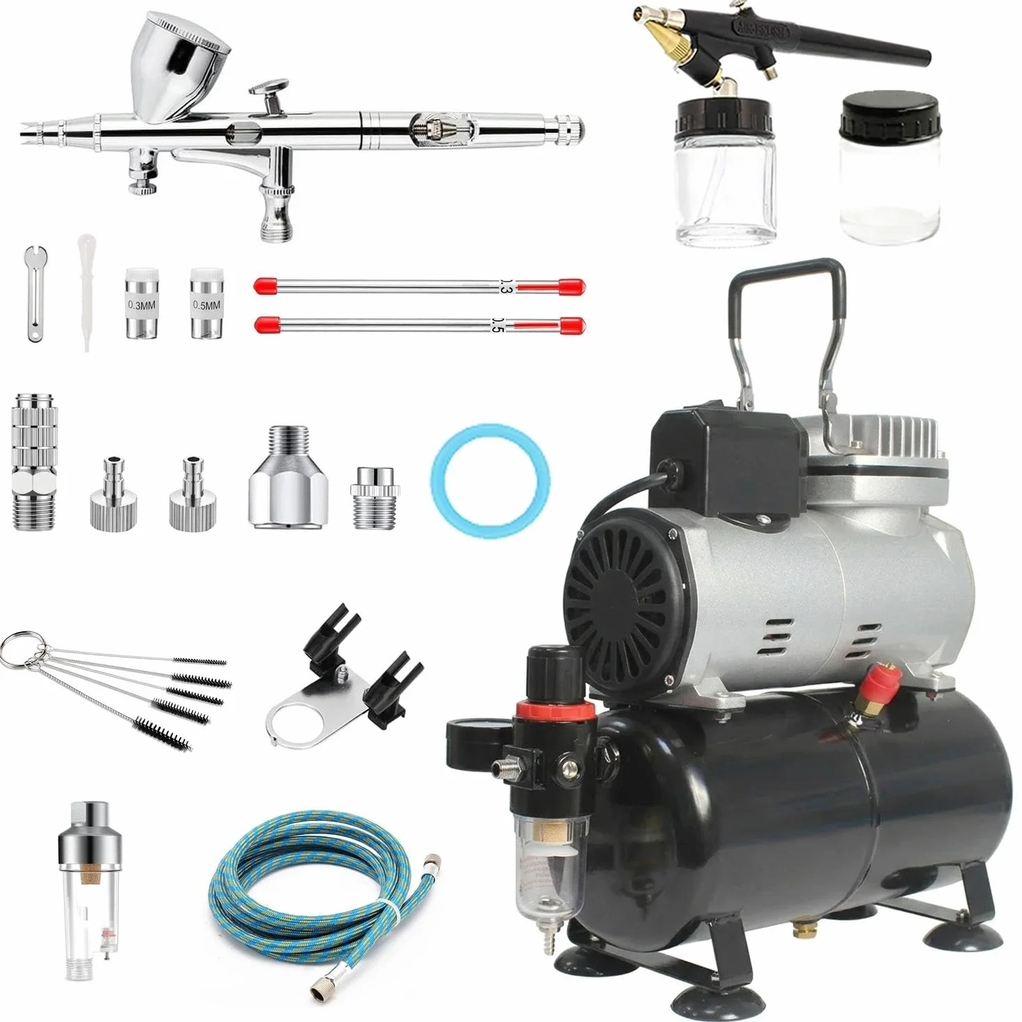 ABEST Kit completo de aerógrafo con compresor Sistema de aerografía multiusos con 2 aerógrafos para hobby, manualidades, modelos, decoración de tartas, maquillaje y manicura