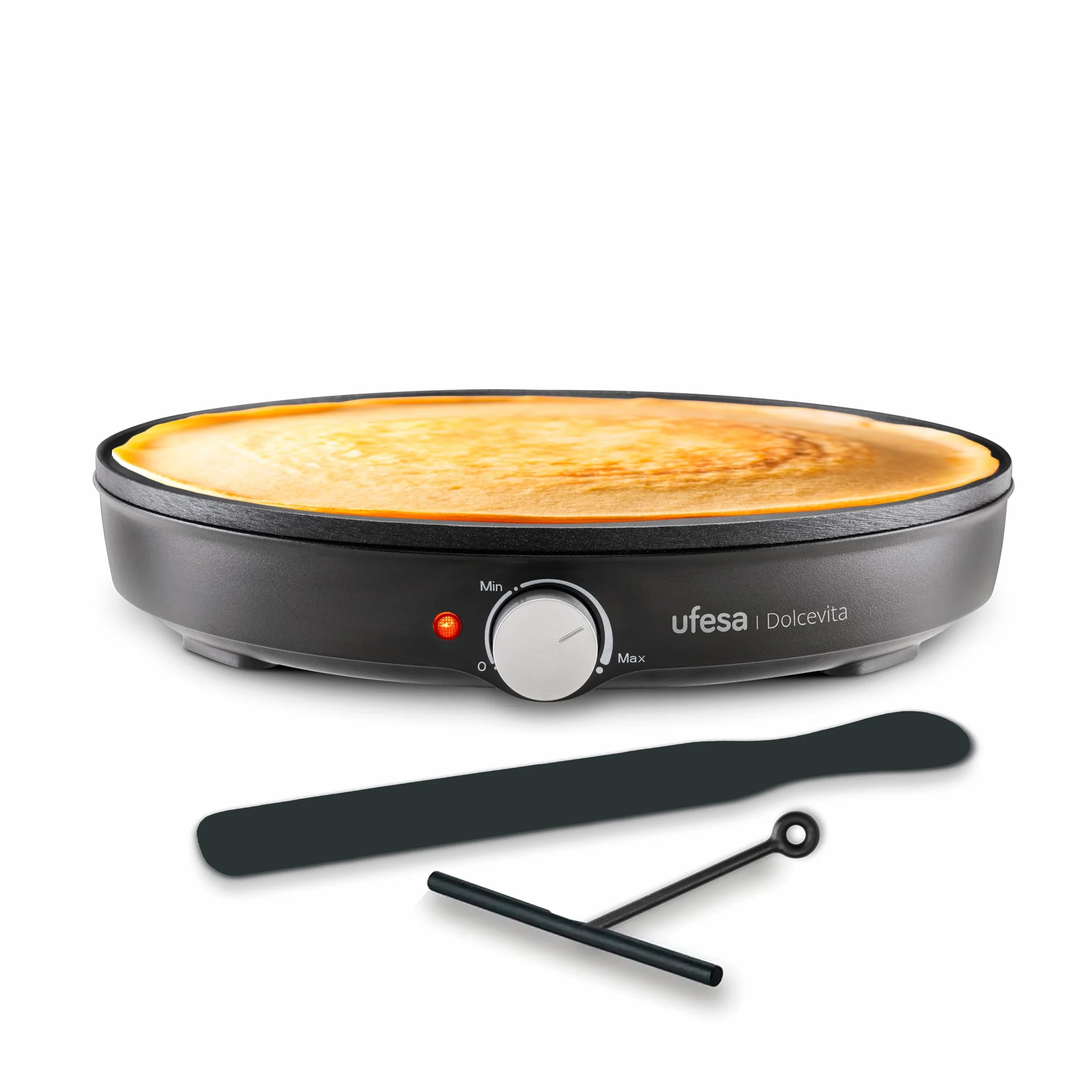 Ufesa Crepera Dolcevita 1000W, Placa Antiadherente de 30 cm, Control de Temperatura Ajustable, Luz Indicadora con Termostato, Seguridad Térmica, Pies Antideslizantes, Accesorios Incluidos