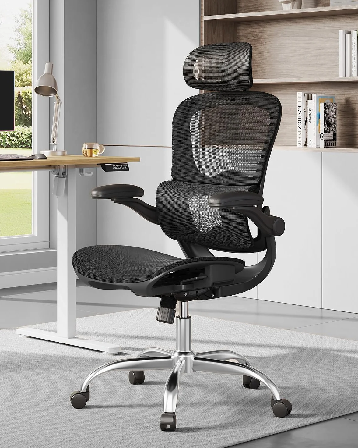 DEVAISE Silla de Oficina Ergonómica, Silla Ergonomica Escritorio con Reposacabezas 3D Ajustable, Reposabrazos Regulables, Respaldo Transpirable y Soporte Lumbar para Home Office, Negro