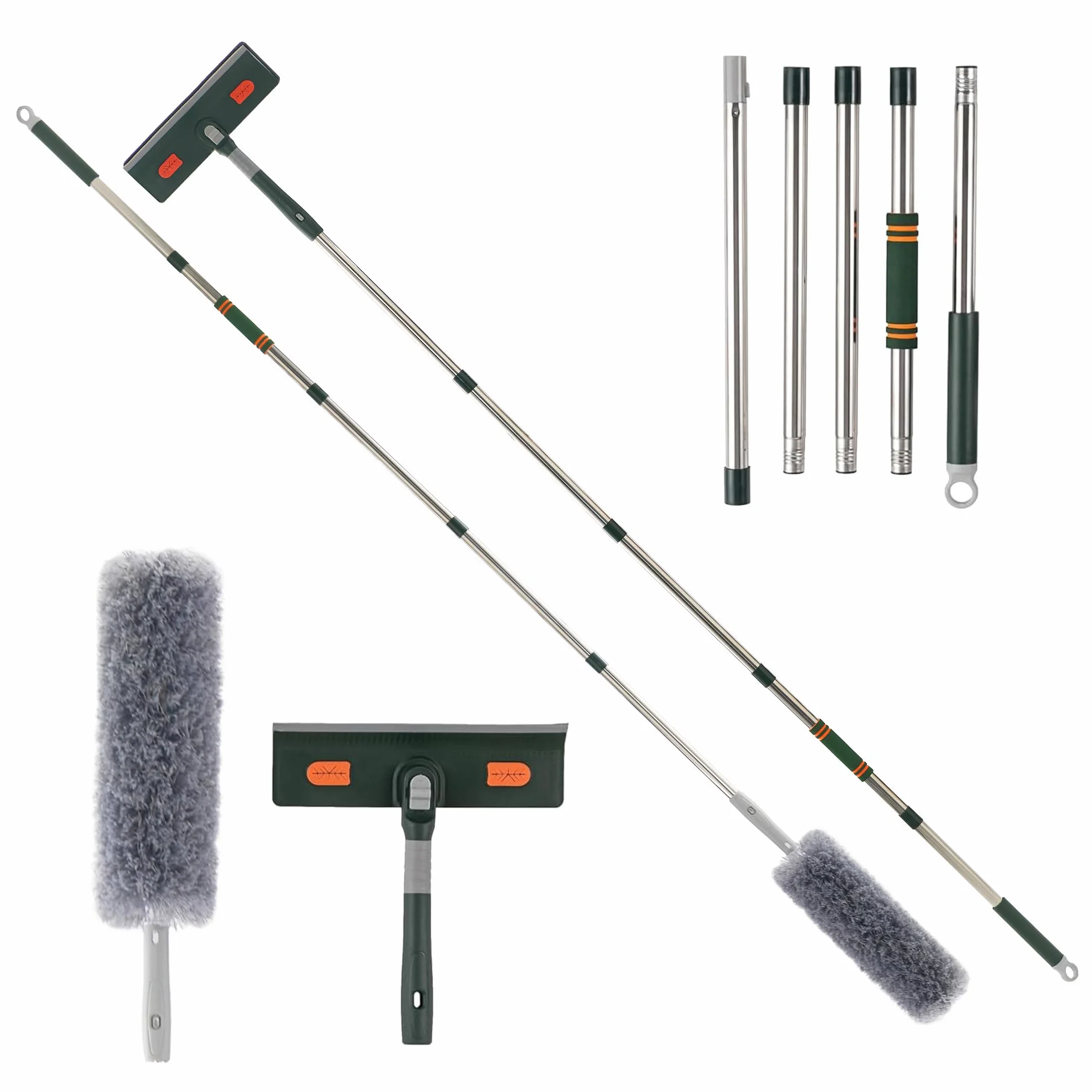 Limpiacristales 2 en 1 Kit de herramientas de limpieza de ventanas con poste telescópico, equipo de lavado de ventanas con cabezal flexible para ventanas interiores y exteriores y cristales de coche