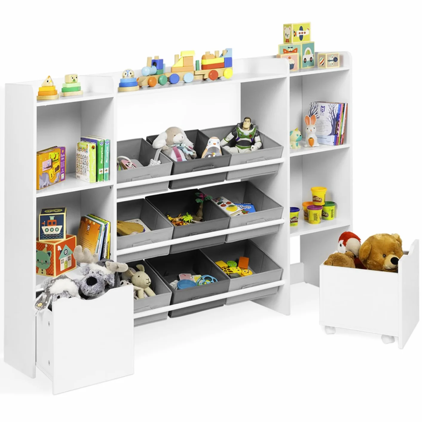 IDMarket Mana - Mueble de almacenamiento infantil 7 estantes, 9 bandejas de tela y 2 cubos con ruedas, color blanco