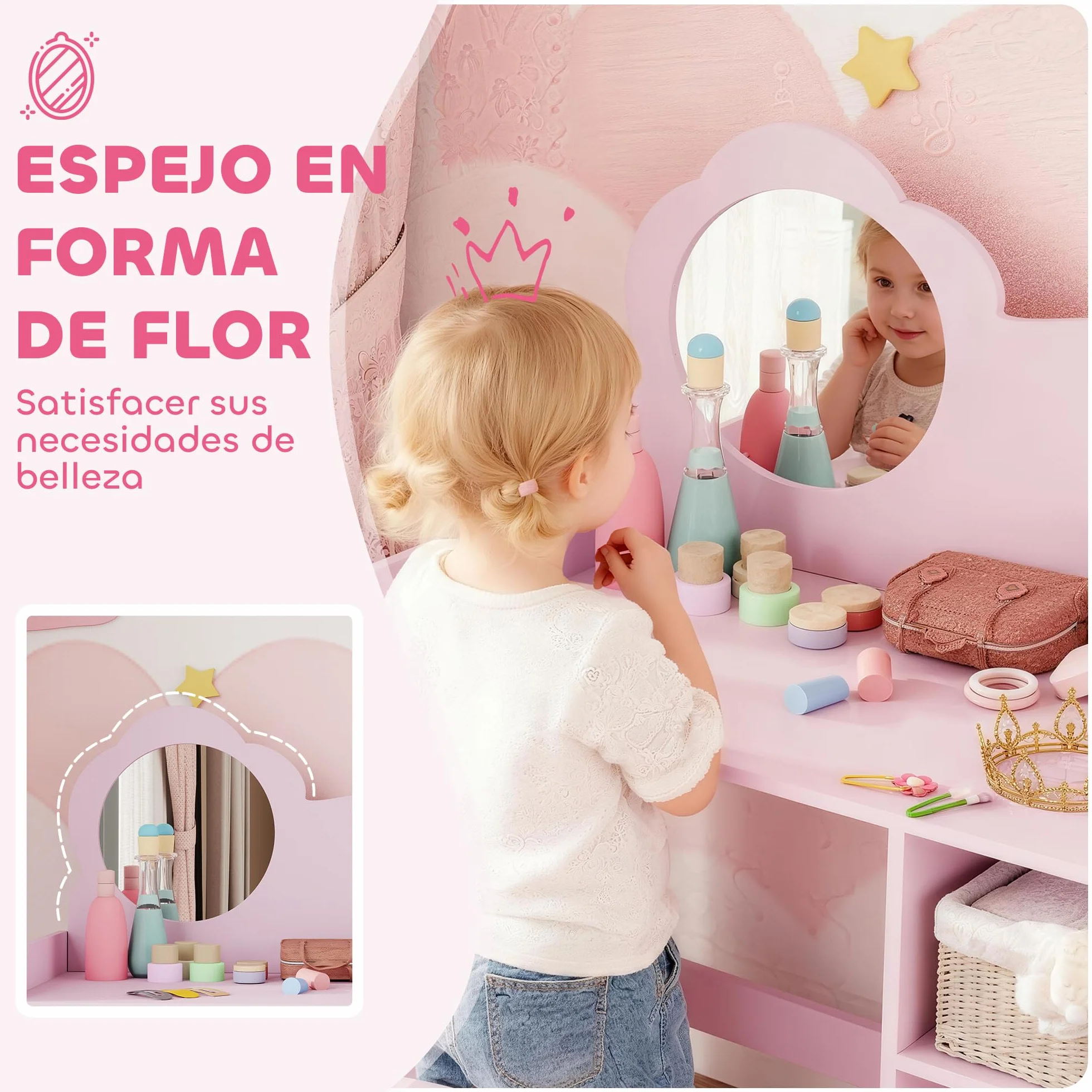 AIYAPLAY Tocador de Maquillaje Niña 2 en 1 Escritorio Infantil con Taburete Espejo Flor Estantes Abiertos Morado