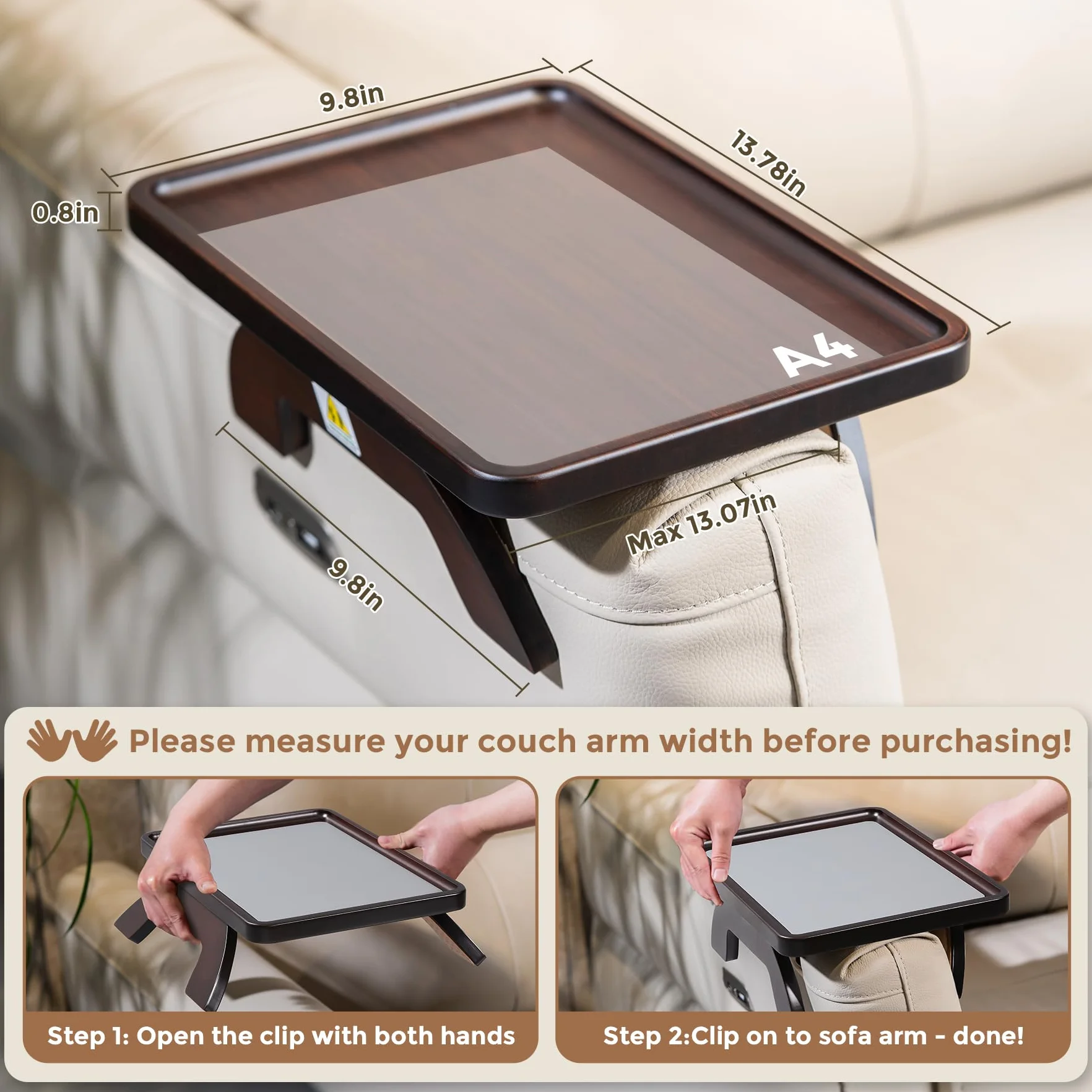 Mesa con reposabrazos de bambú natural para sofá, para bebidas, aperitivos, comer, control remoto, bandeja para brazo de sofá (marrón)