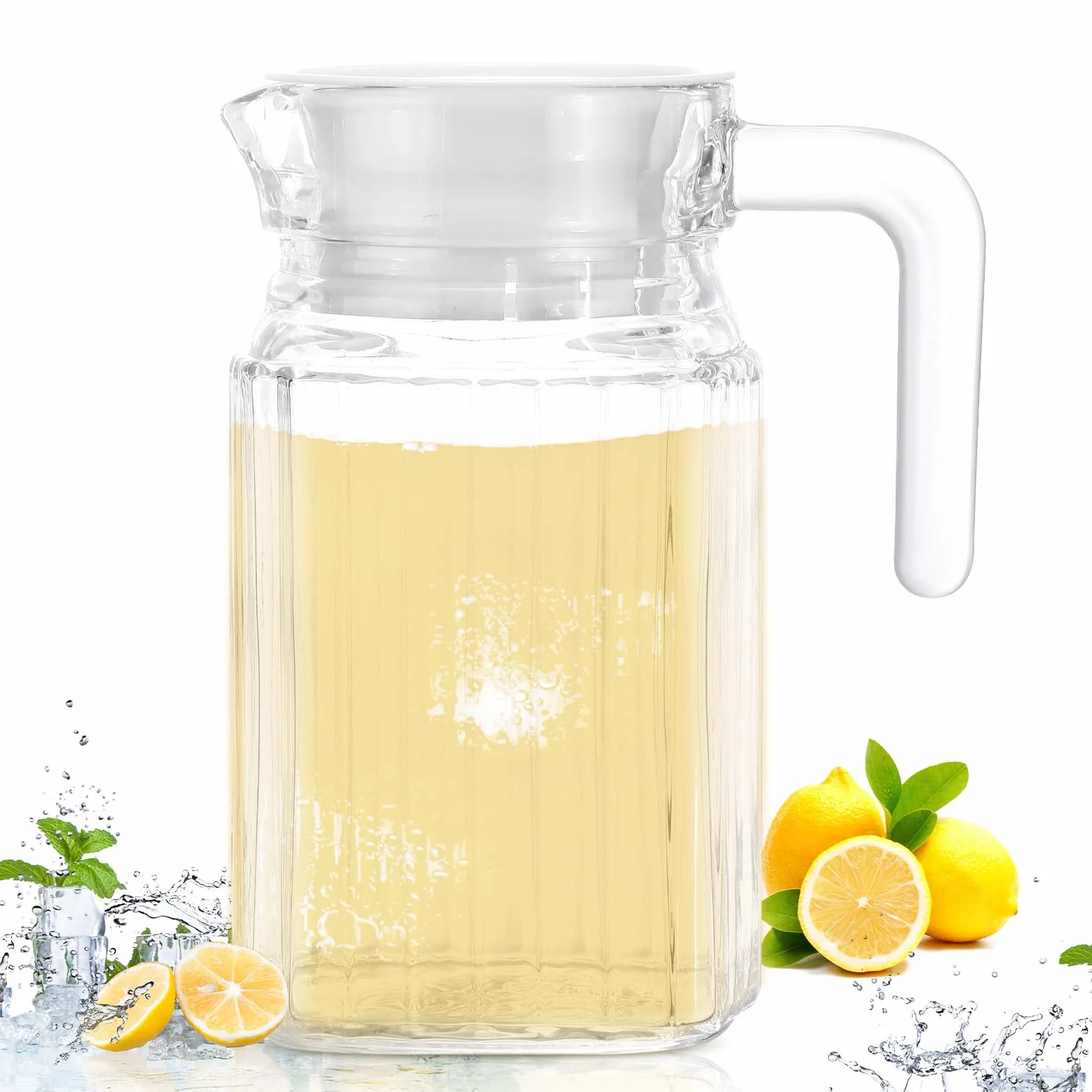 Gejoy 2 jarras de vidrio con tapa, jarra para refrigerador con asa, jarra de agua de vidrio, prácticos recipientes de jugo, jarra de leche fácil de usar para limonada, té helado, cócteles, agua