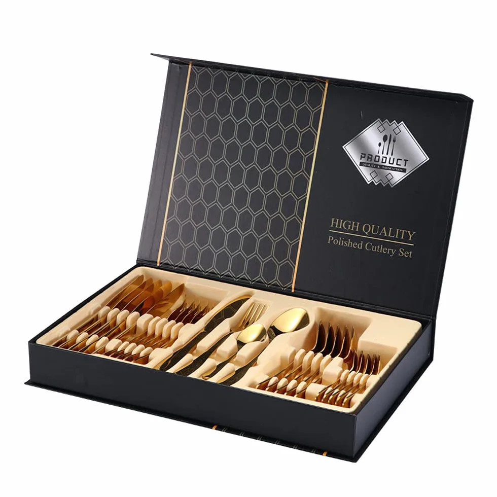 Juego de Cubiertos Home Safety Set de Cubiertos 24 Piezas, Juego De Cubiertos Para Regalo, CuberteríA En Acero Inoxidable Con Cuchillo, Tenedores, Cucharas, CuberteríA de Mesa Para 6 Personas,Gold