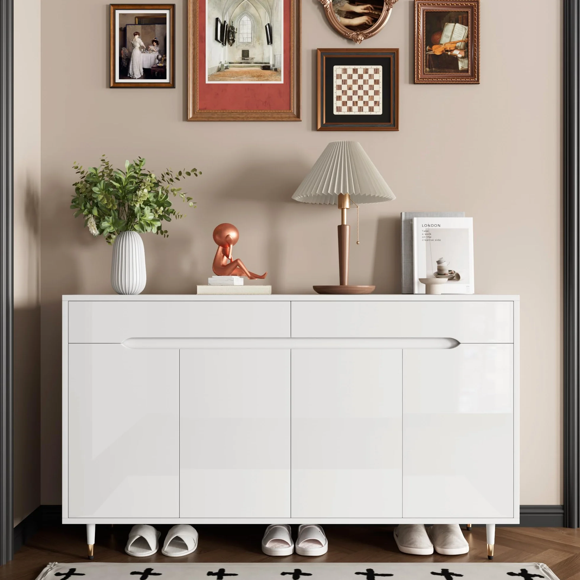 Zapatero moderno con dos puertas, dos cajones, estantes ajustables y patas doradas, espacio para 18-24 pares de zapatos, 140 x 39 x 84 cm (largo x ancho x alto)