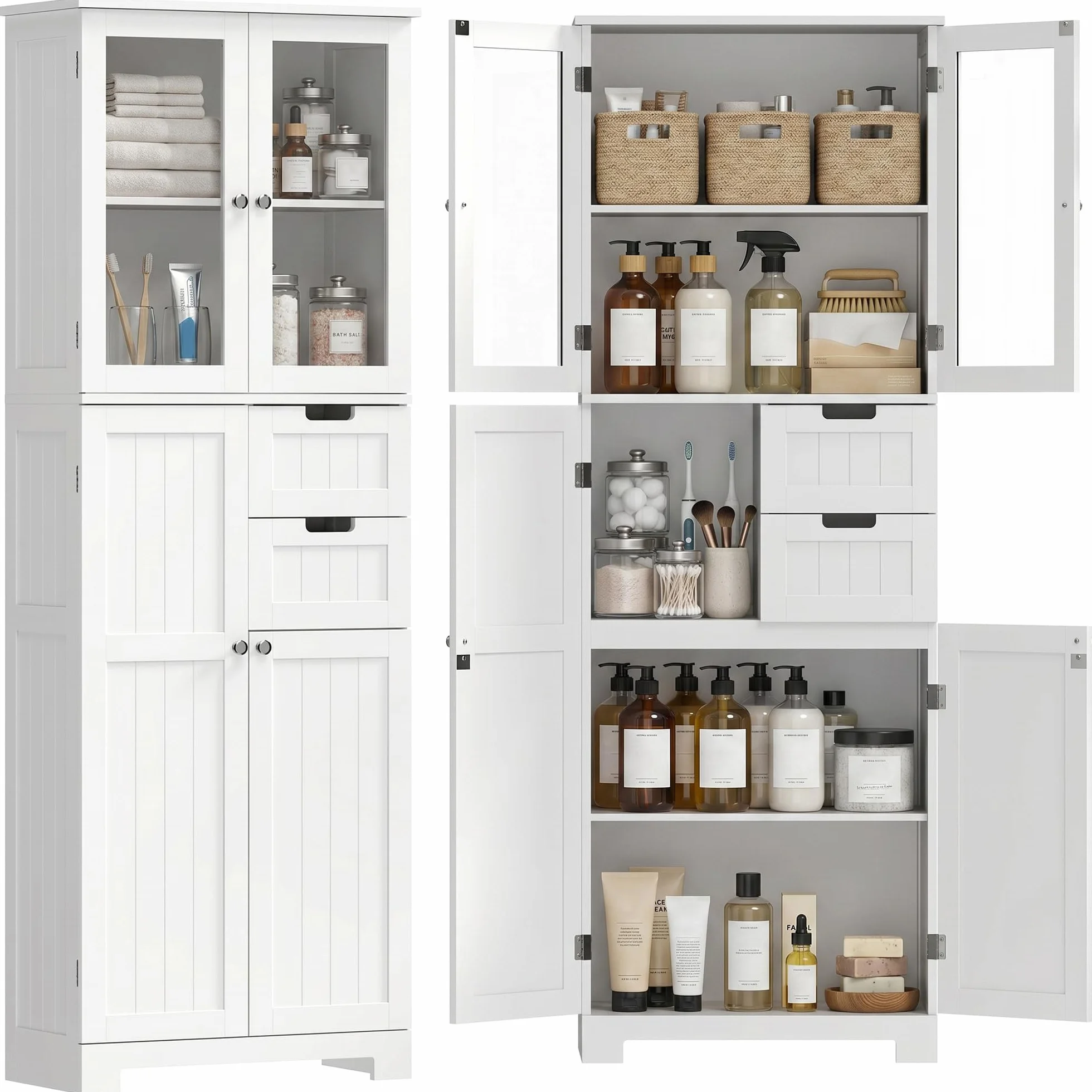 HOMCOM - Columna para cuarto de baño, mueble de baño, almacenamiento alto moderno, con puertas acristaladas, armarios, cajones y estantes ajustables, armario de baño, cocina, sala de estar, 60 x 30 x