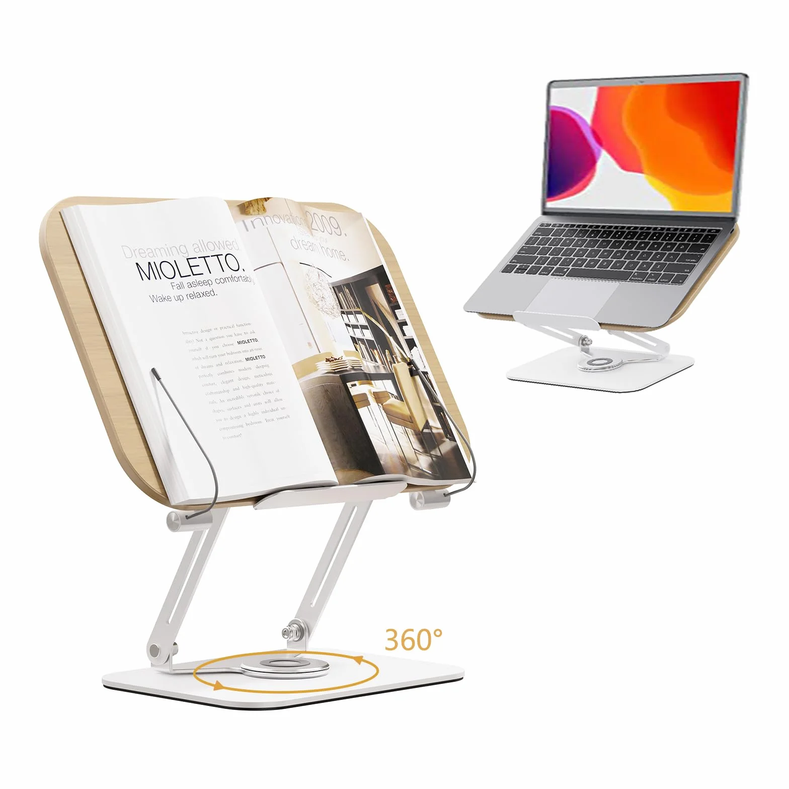 Soporte de Lectura, Soporte de Libro Ajustable con Base Giratoria 360°, Soporte de Libro de Cocina Plegable, Práctico Soporte Giratorio para Partituras, Libros Pesados, Computadora portátil