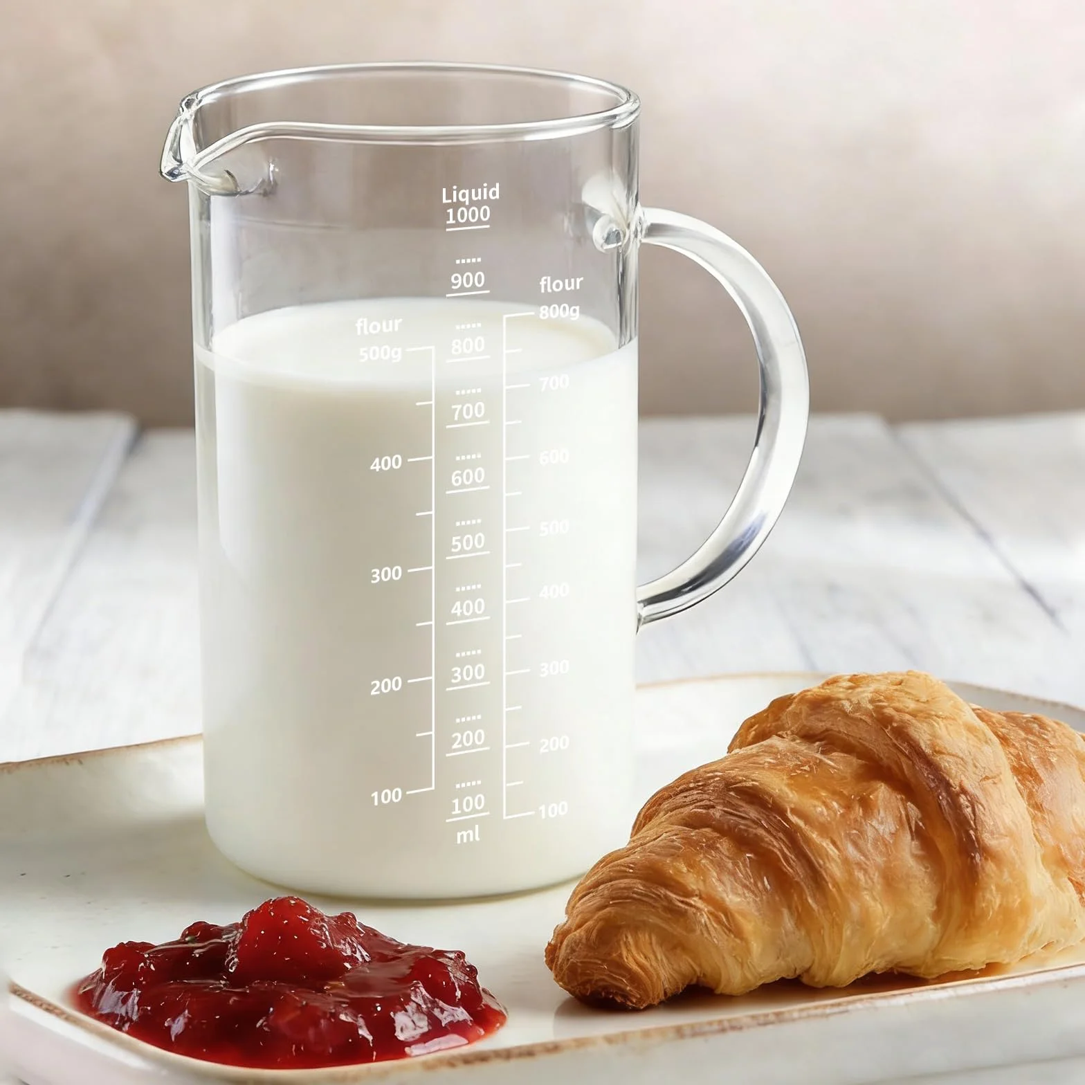 Vaso Batidora de Vidrio 1000ml Diámetro 9.5cm x H 17.5cm con Asa Resistente al Calor Apto para Lavavajillas