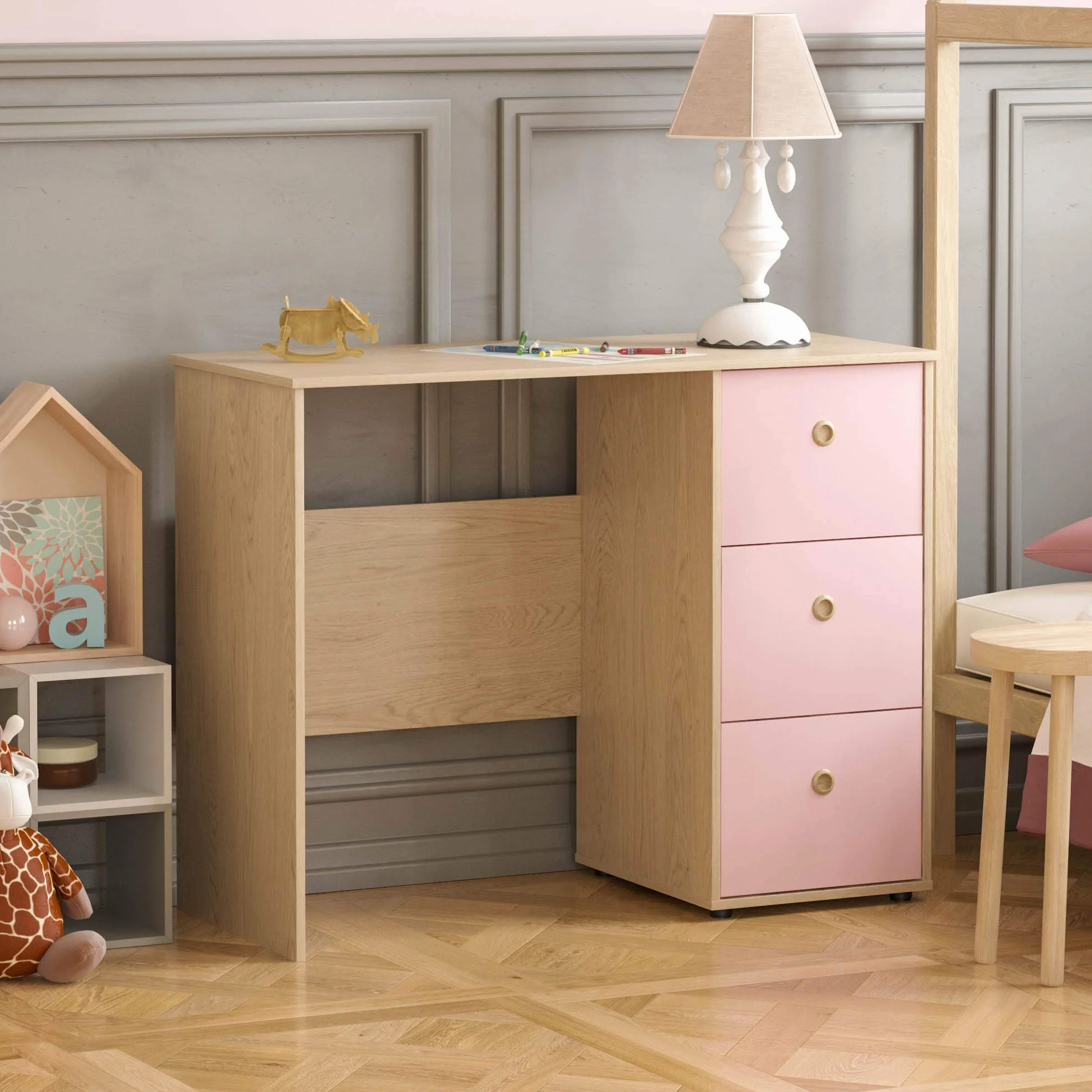 Junior Vida Neptune Escritorio 3 Cajones Ordenador Portátil Estación Trabajo Estudio Casa Muebles Niños Rosa Roble