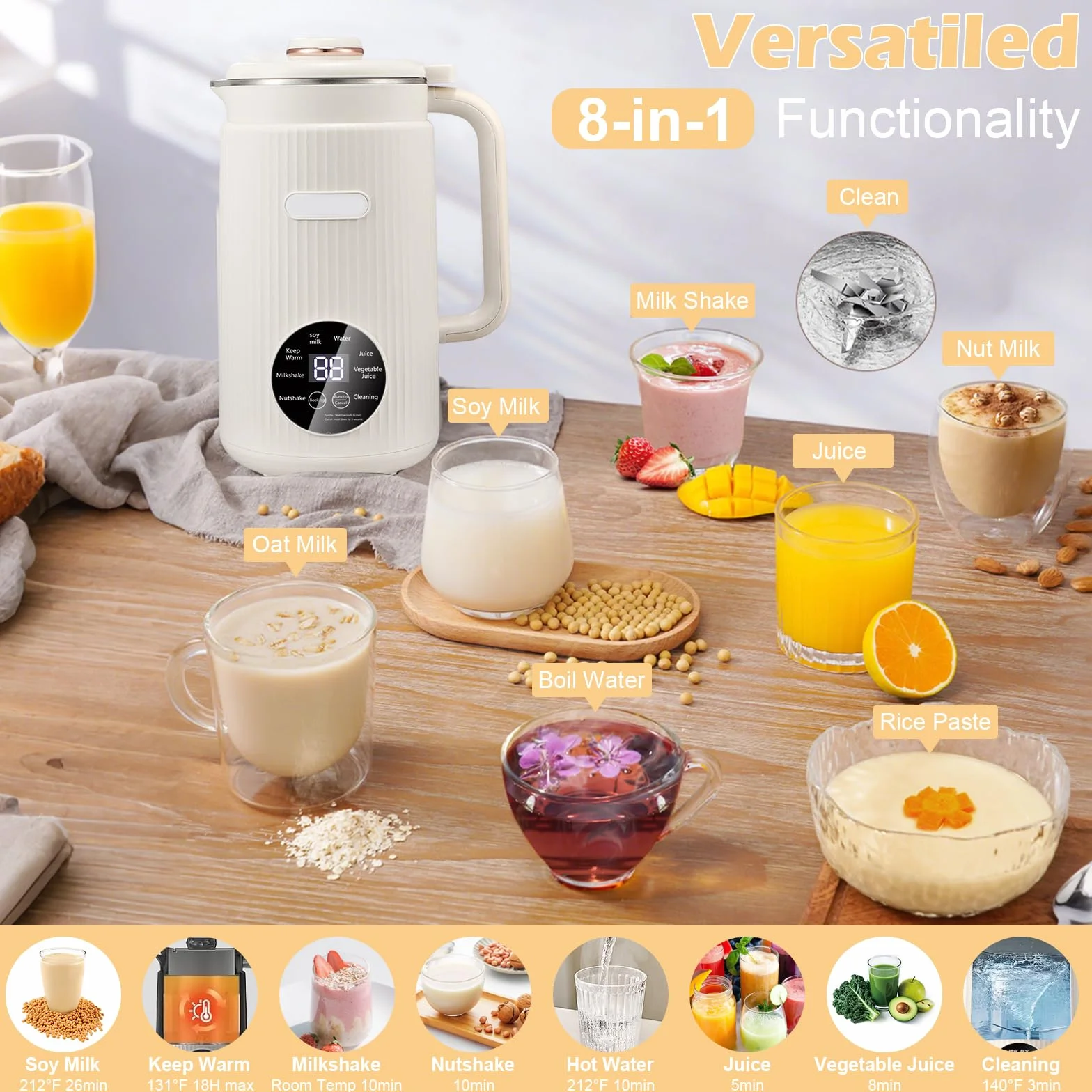 Máquina de Leche Vegetal 8 en 1, 1.2L con Autolimpieza, Temporizador - Elabora Leche de Avena, Almendra, Soja, Frutos Secos y Zumos (Blanco)