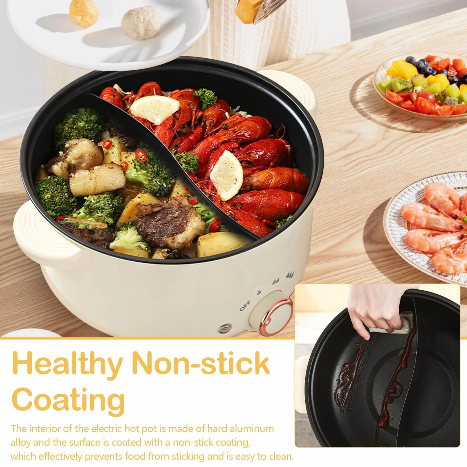 Crockpot Olla Eléctrica 4L 1000W Antiadherente 3 Ajustes Potencia Guisos Sopa Fideos Freír Filetes Saltear Verduras