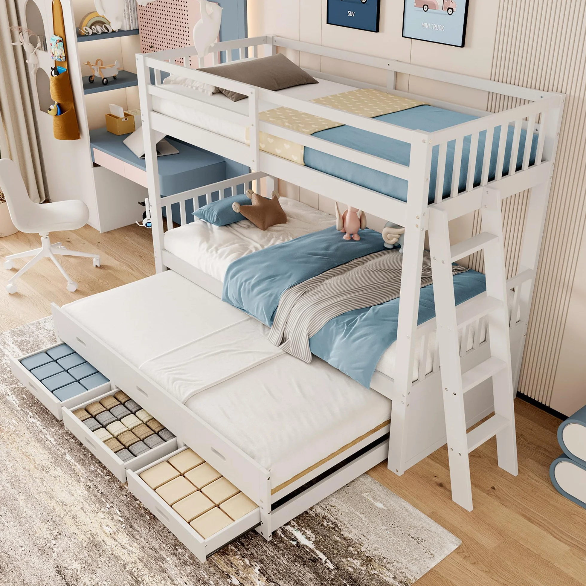 Litera de 90x200cm con Escalera Cama Nido Espacio de Almacenamiento de 3 cajones Cama Alta para 3 Personas Cama Familiar Estructura de Pino y MDF Cama de Invitados sin colchón Blanco
