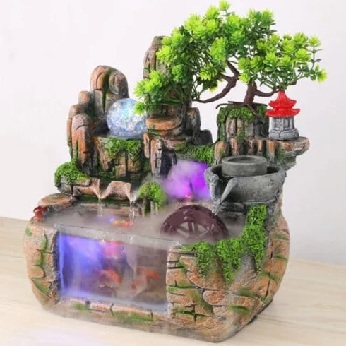 Fuente de habitación con plantas, 30 x 20 x 30 cm, fuente de mesa pequeña, fuente de jardín con iluminación LED, fuente de escritorio para decoración del hogar, vestíbulo, oficina, mesa de