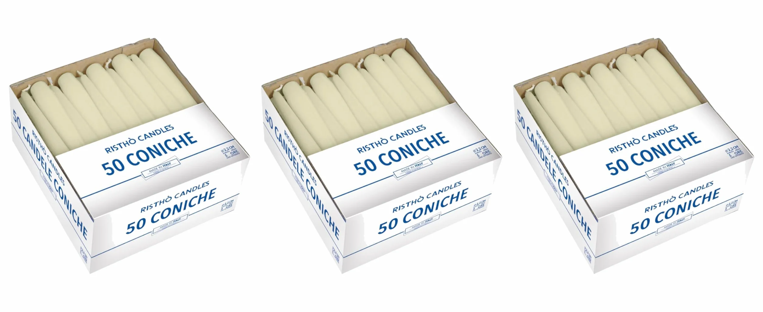 3 paquetes de 50 velas cónicas diámetro 2,2 cm altura 21 cm (150 velas) - Color marfil - Duración 5 horas - Estándar para candelabro - Cereria Di Giorgio