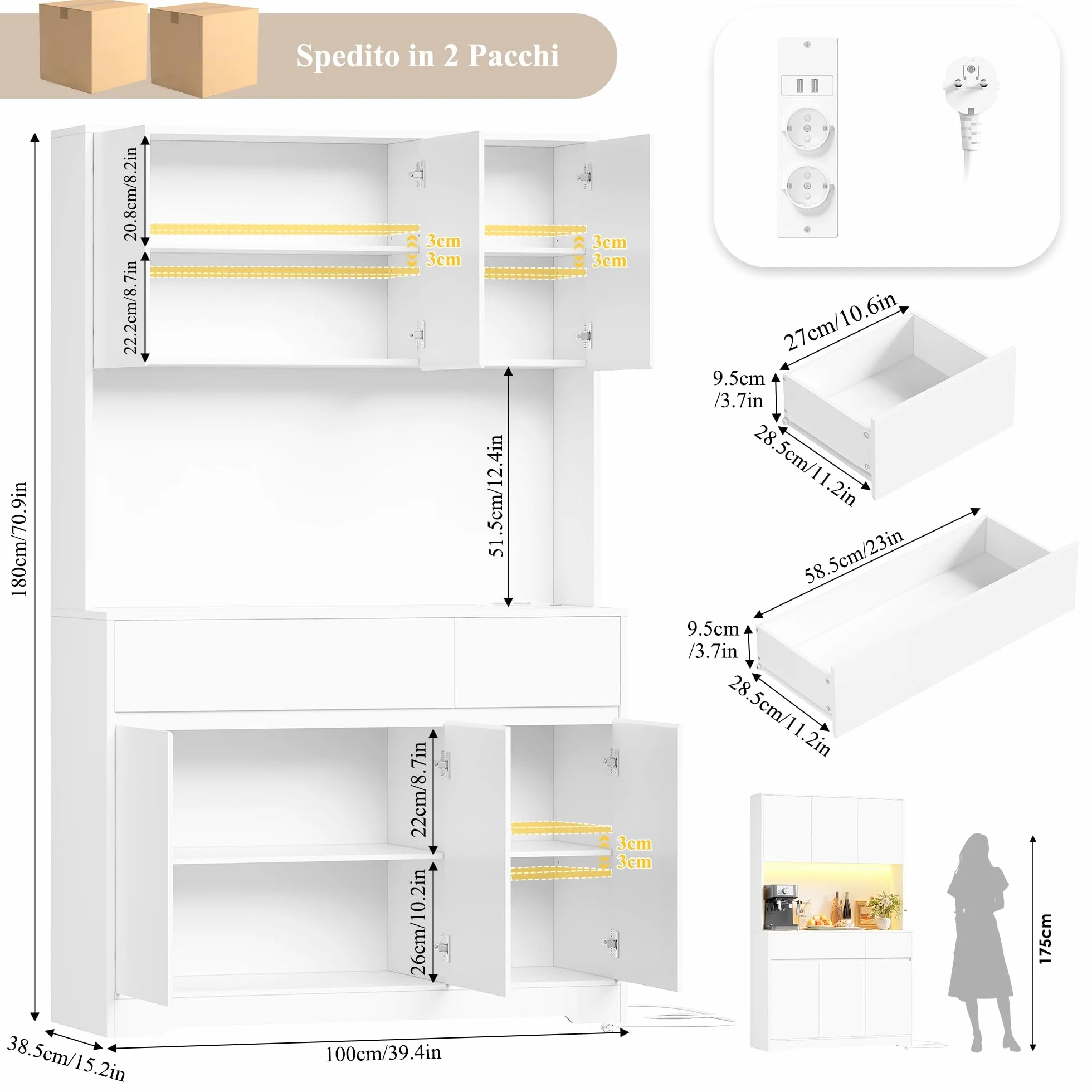 FirFurd Alacena Cocina Grande, Muebles de Cocina, Armario Cocinas Almacenaje, Mueble Almacenaje con Iluminacion LED, Regleta, Encimera para Microondas, 2 Cajones, 6 Puertas, Blanco 100x38.5x180cm