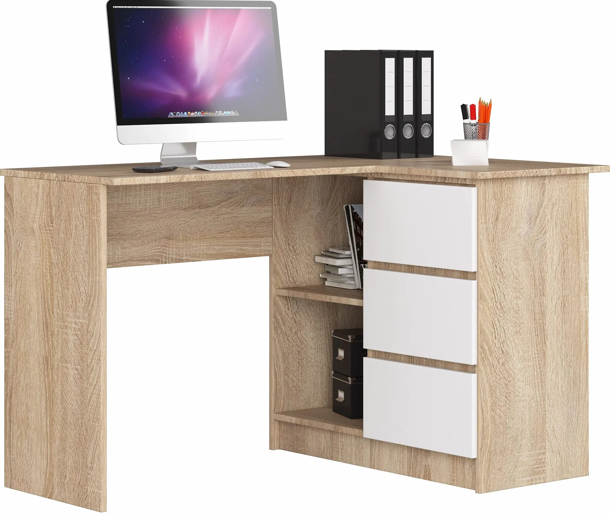 Escritorio esquinero AKORD B16 Roble Sonoma 124 cm con lado derecho 3 cajones frente en color Blanco 2 estantes 124x85x77 cm