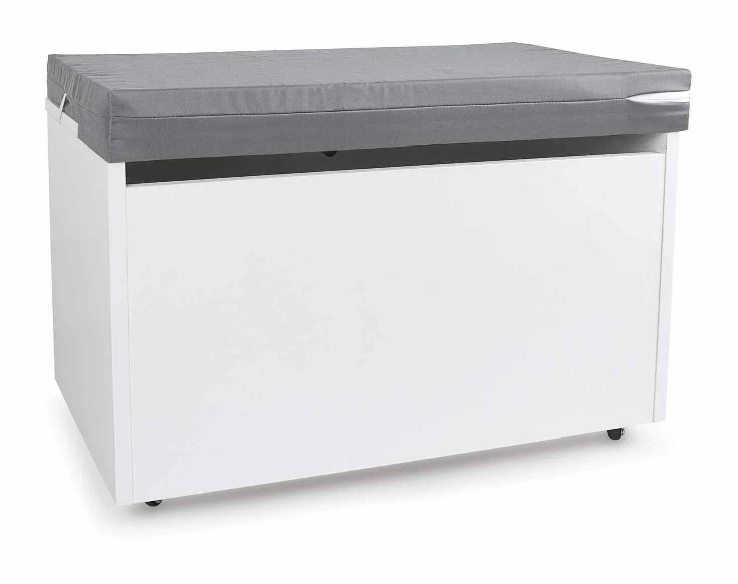 leomark Blanco Caja de madera banco XXL con almacenamiento para juguetes con Asiento, Baúl de juguetes sobre ruedas + Almohada - Cojín, Dim: 71 cm x 40 cm x 45 cm/WxDxH/