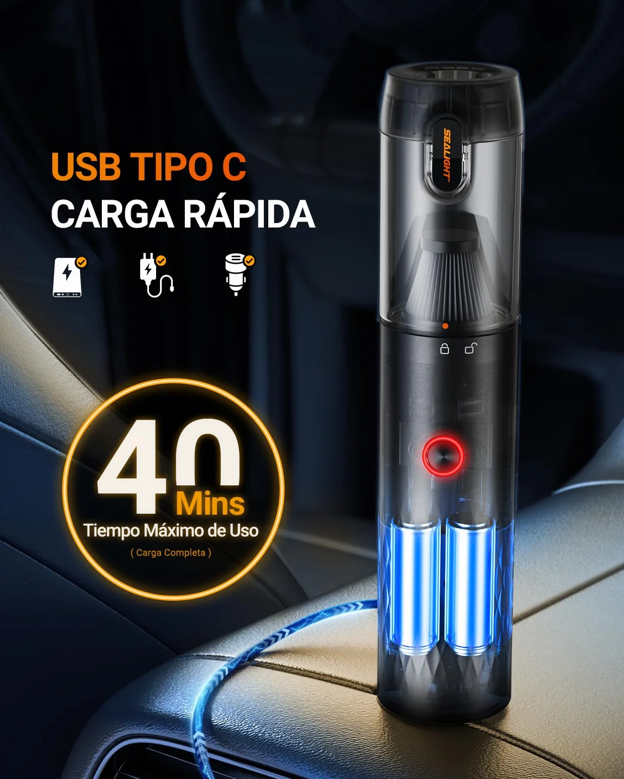 SEALIGHT Aspirador de Mano, 29000Pa Mini Aspirador Recargable con 40 Minutos Duración Batería, 4 en 1 Aspiradoras de Mano con Motor sin Escobillas, 2 Niveles Aspirador sin Cable para Coche