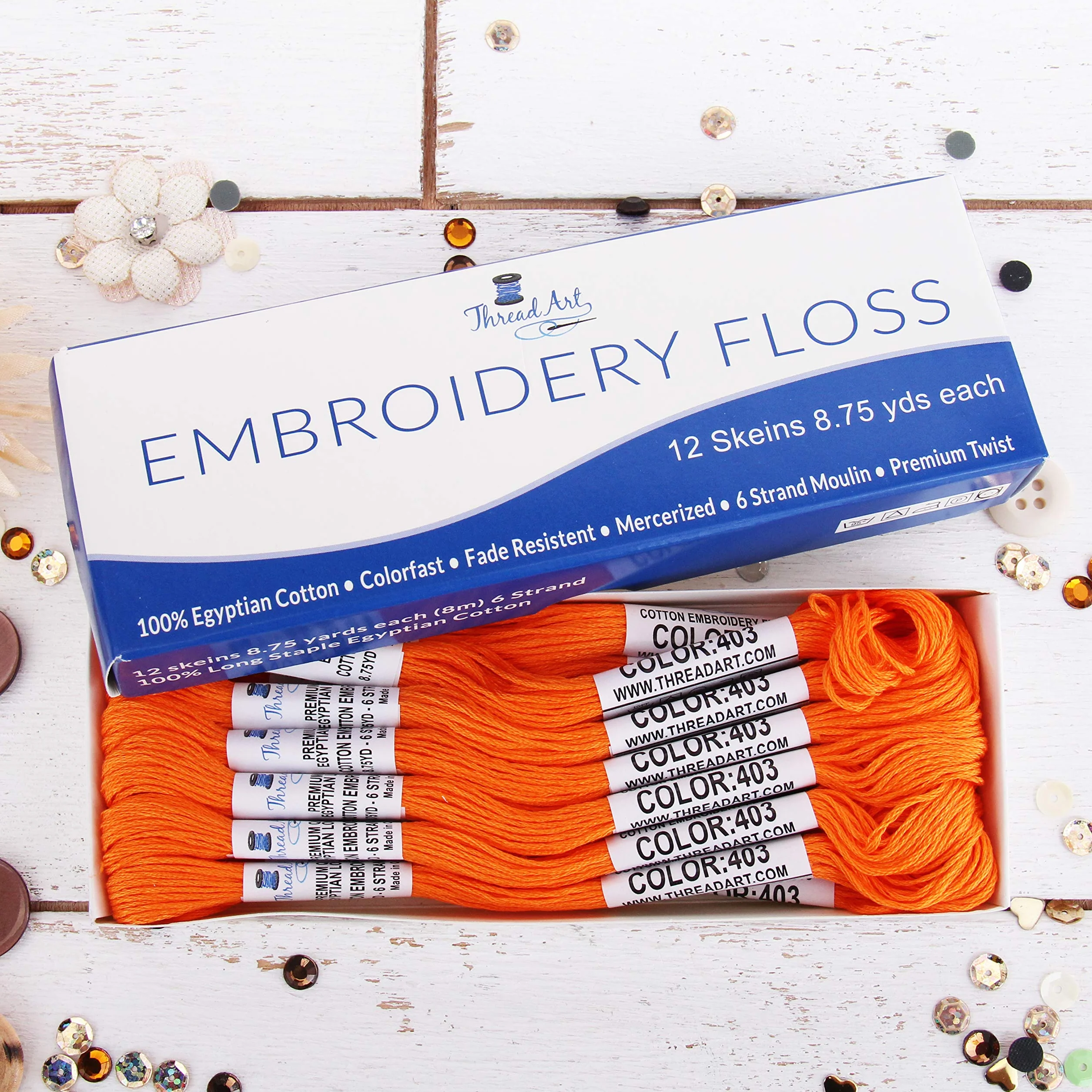 Hilo de bordar de algodón egipcio de fibra larga de 12 madejas, color naranja, 6 hilos divisibles de hilo de 8,75 m, cada uno para bordar a mano, pulseras de amistad, punto de cruz y manualidades