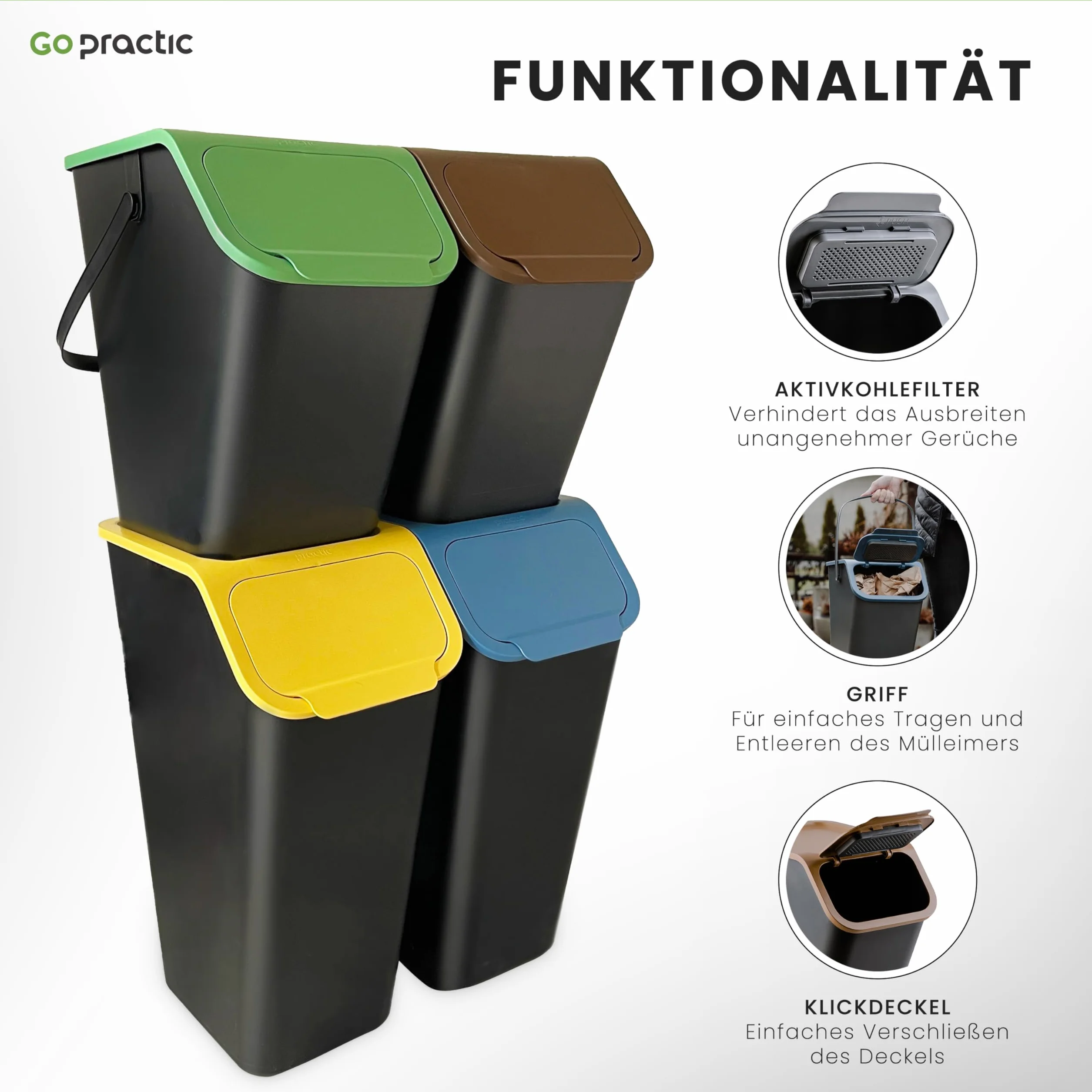 Juego de 4 Cubos de Basura para Cocina - Sistema de Separación Con 2 Cubos de 35 L y 2 de 25 L - Apilables Con Tapa y Función CLICK