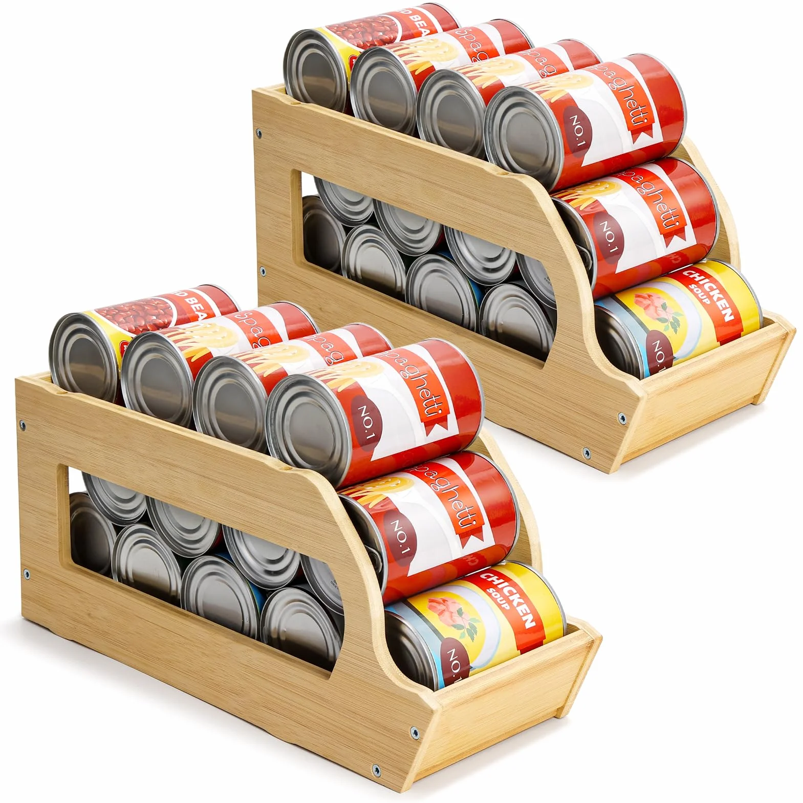 Yumkfoi Organizadores de latas de bambú y almacenamiento para despensa, organizador de latas de refrescos, soportes para bebidas, organizador apilable de productos enlatados, dispensador de latas para