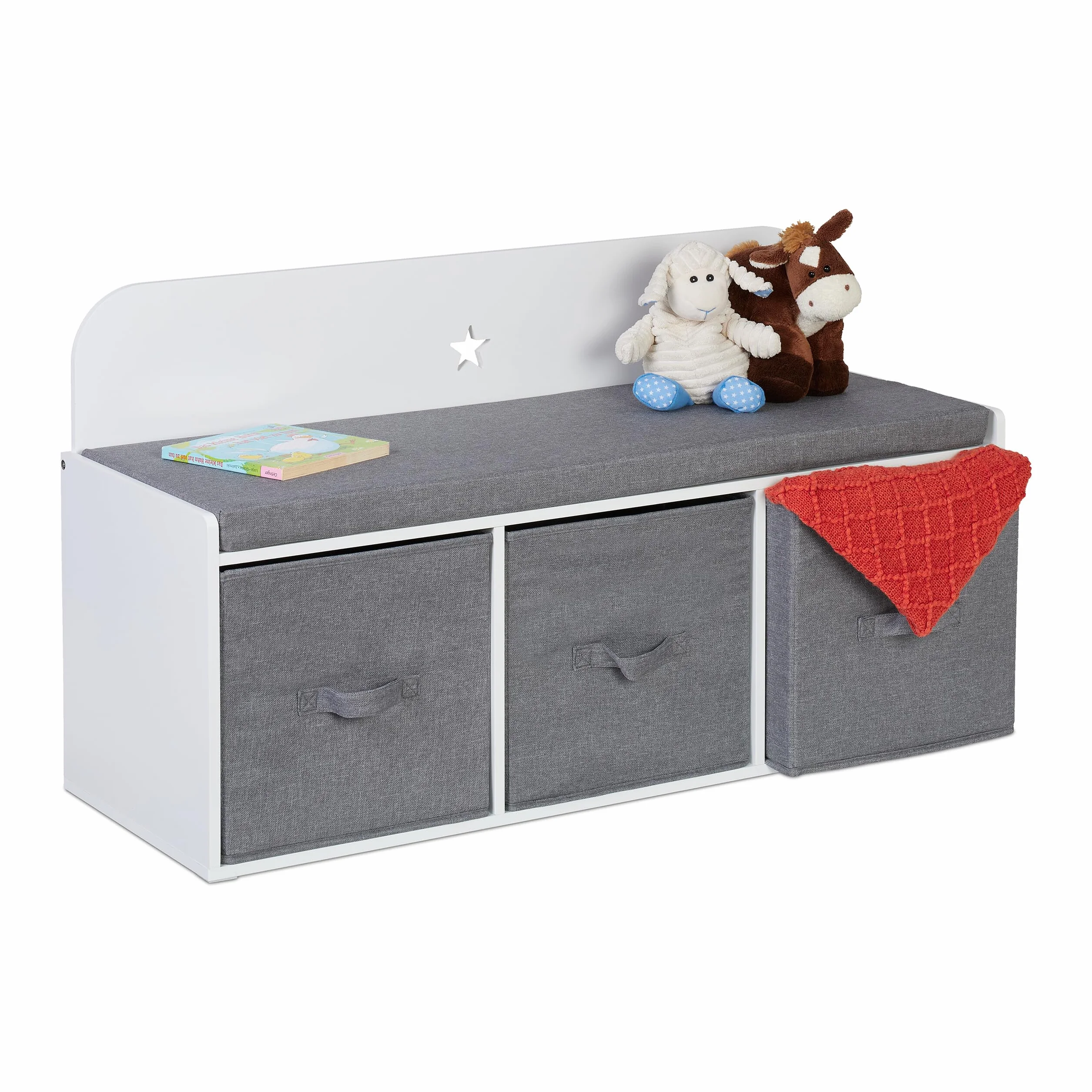 Relaxdays Asiento Infantil con Almacenaje de Juguetes, 54 x 99 x 35 cm, Dormitorio o Pasillo, Banco Niños, Blanco y Gris