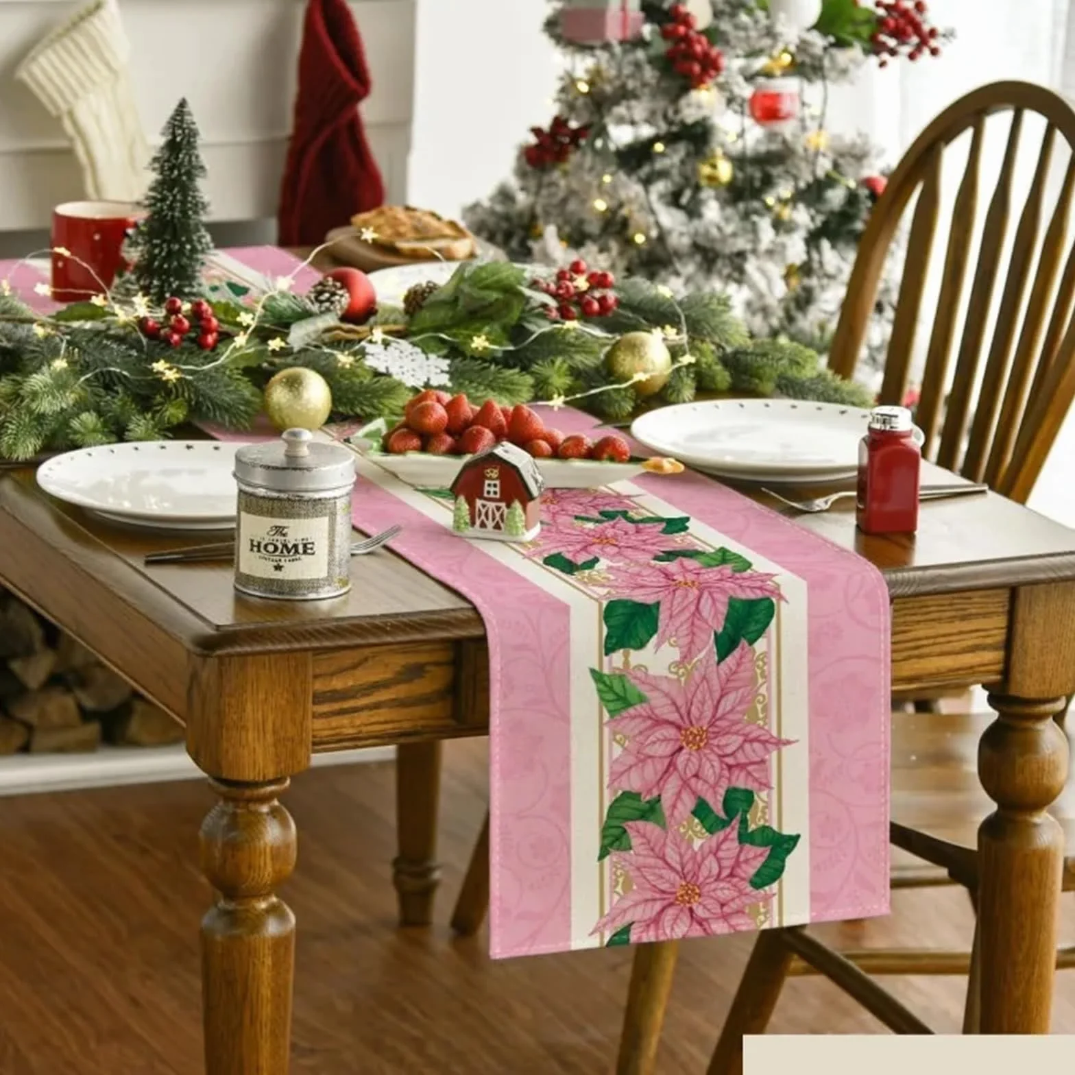 Elegante y lujoso Camino de mesa de lino rosa navideño, mantel de ambiente festivo, mesa de centro, Fireplace, cubierta de armario, decoración de cena de Boda en Cocina casera Regalos navideños(1,180x