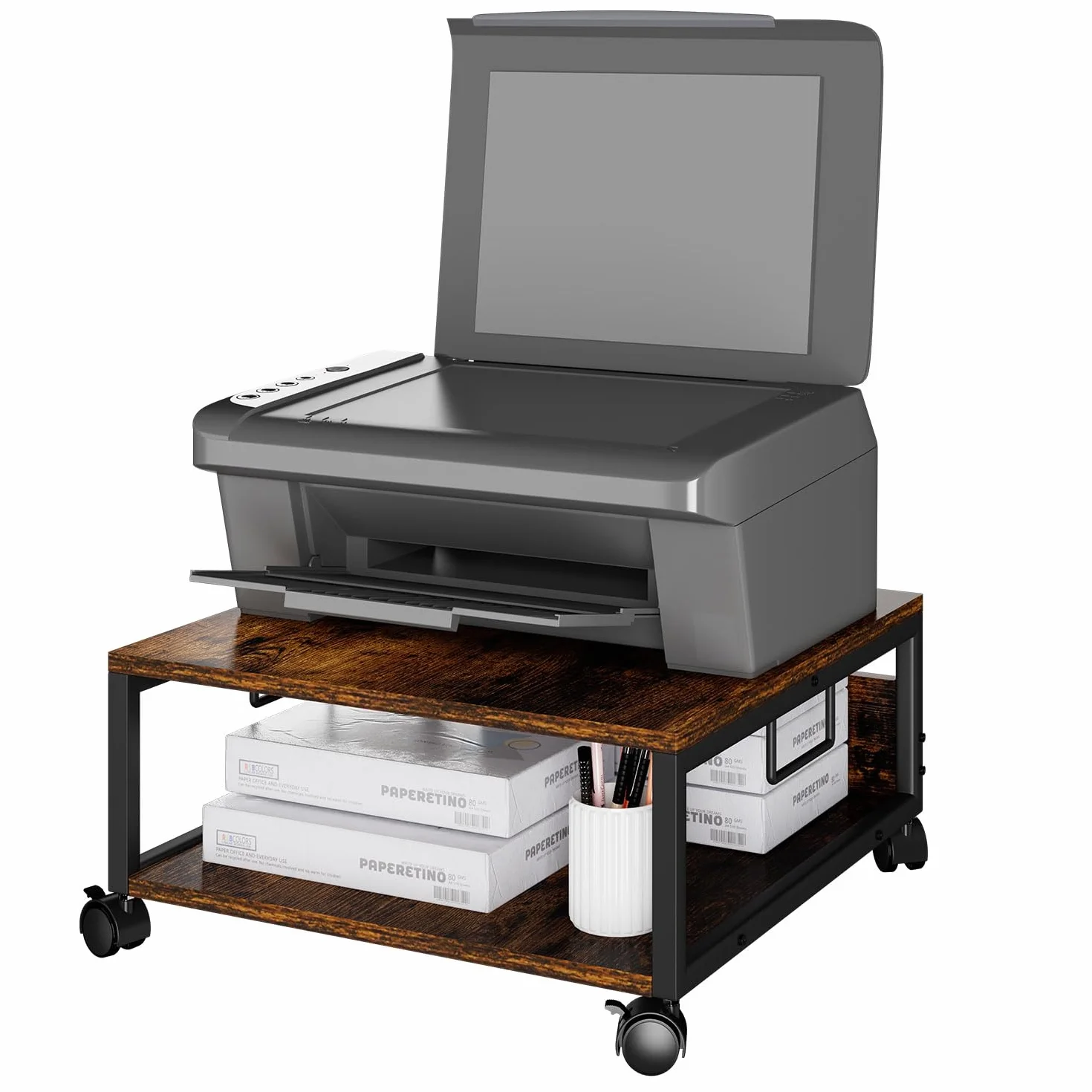 IBUYKE Soporte de impresora de escritorio de 2 niveles, mesa de impresora, organizador de escritorio multifuncional para carpetas, libros, para máquina de fax, escáner, oficina en casa TLJ008H