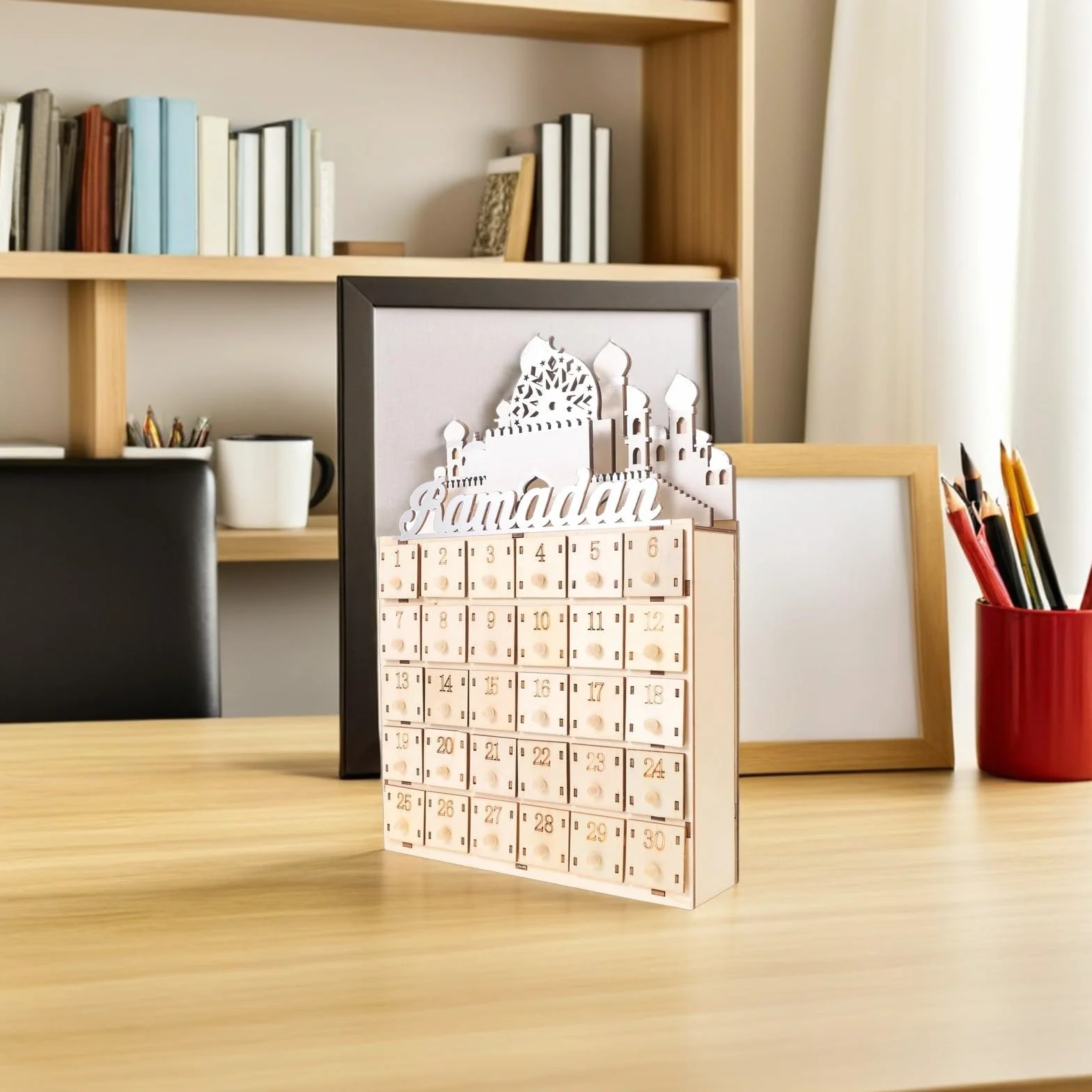 STOBAZA Calendario de Cuenta Regresiva para Ramadán con 30 Cajones de Madera y Luz Led, Decoración Beige Hogar y Festival de Eid Mubarak