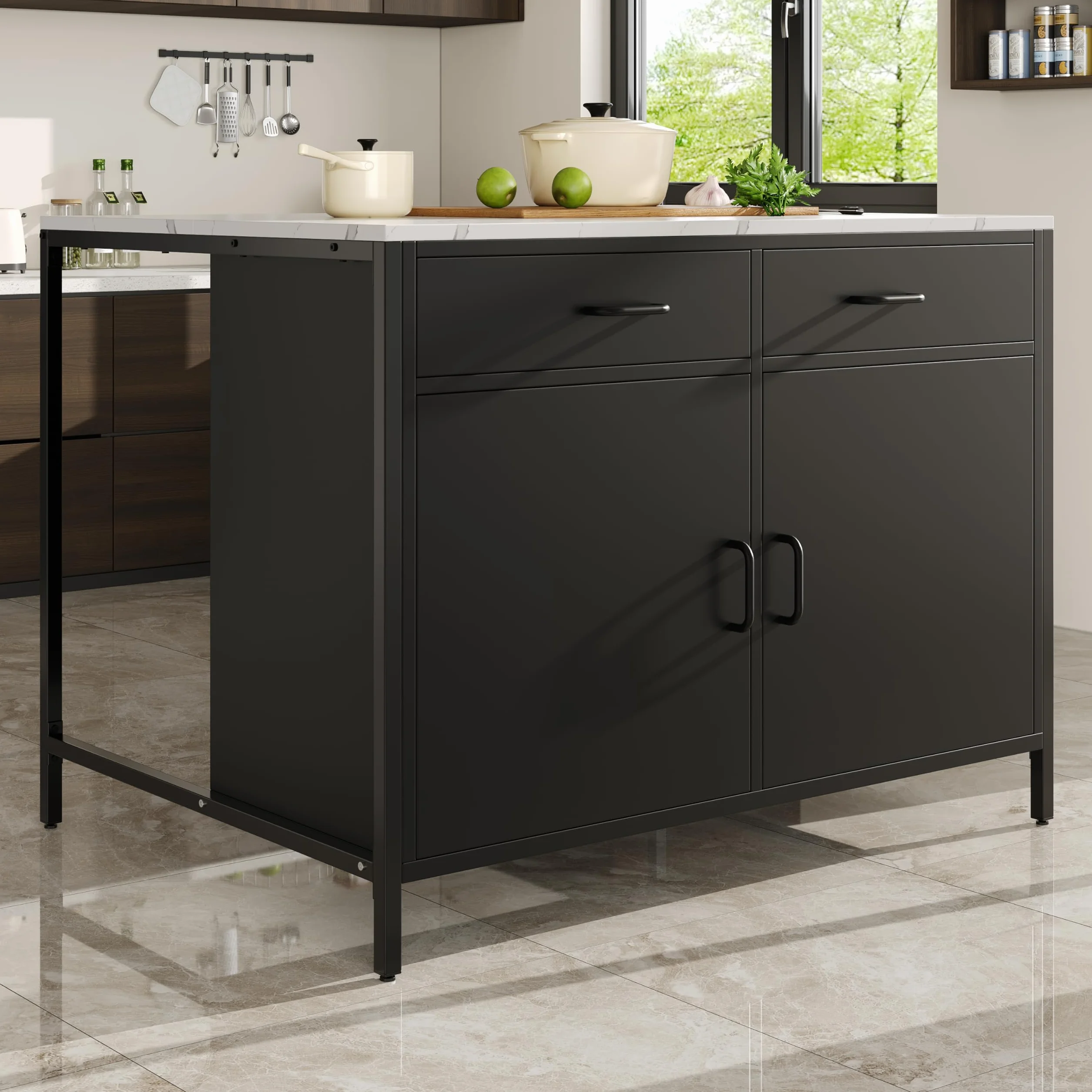 Isla de cocina, armario de cocina con 2 cajones, mesa de desayuno, bar, isla de cocina con estantes, isla de cocina, isla de cocina con encimeras de mármol, 100 x 90 x 90 cm, patas ajustables