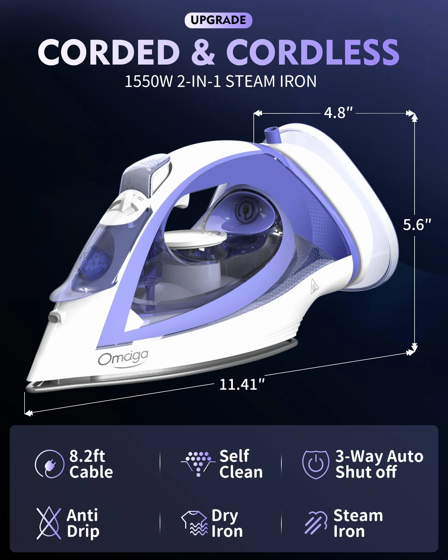OMAIGA Plancha de vapor inalámbrica de 1550 W, plancha de vapor inalámbrica 2 en 1 para ropa con depósito de agua de 1550 W, plancha de vapor antigoteo con suela de cerámica, plancha