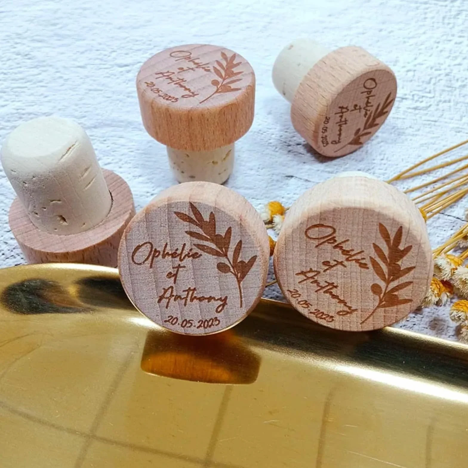 Tapones de vino de corcho personalizados grabados para boda (90 unidades)