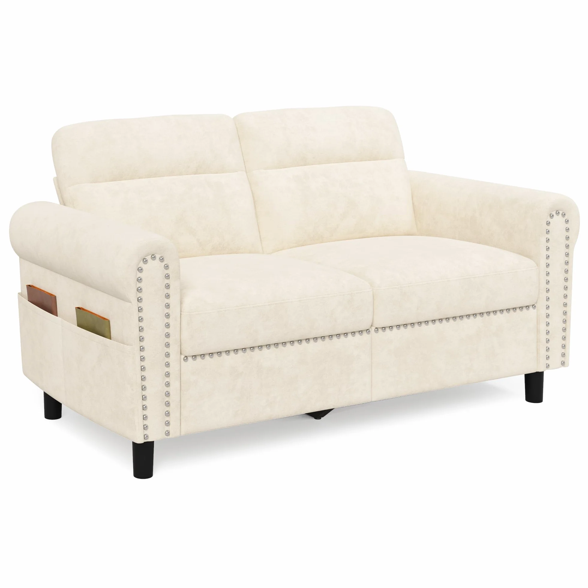 Sofá de 2 Plazas, Loveseat con Bolsillo Lateral, Sofá de Dos Plazas con Cojines Extraíbles para Salón, Dormitorio, Oficina, 152 x 76 x 84 cm (Beige)