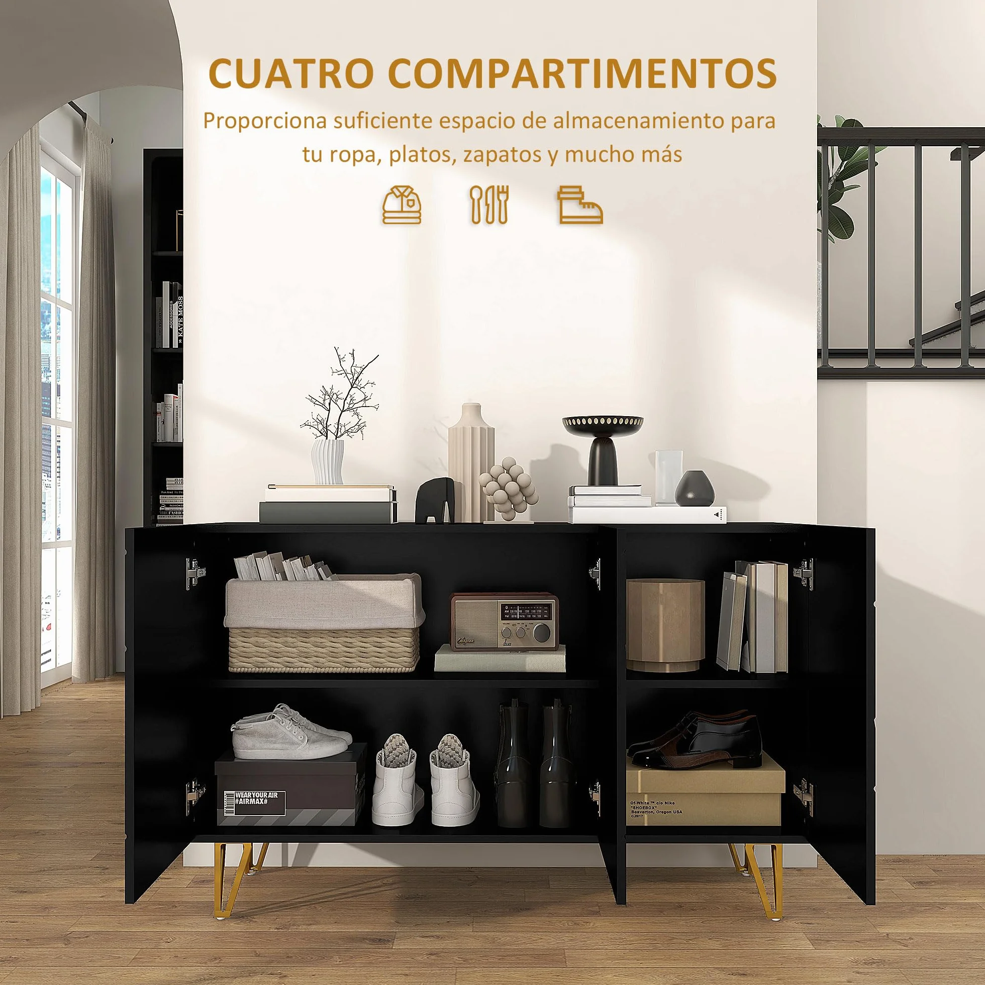 HOMCOM Aparador para Salón Aparador de Entrada con 3 Puertas y Estantes Ajustables Armario de Almacenamiento para Cocina Sala 120x40x75 cm Negro Brillo