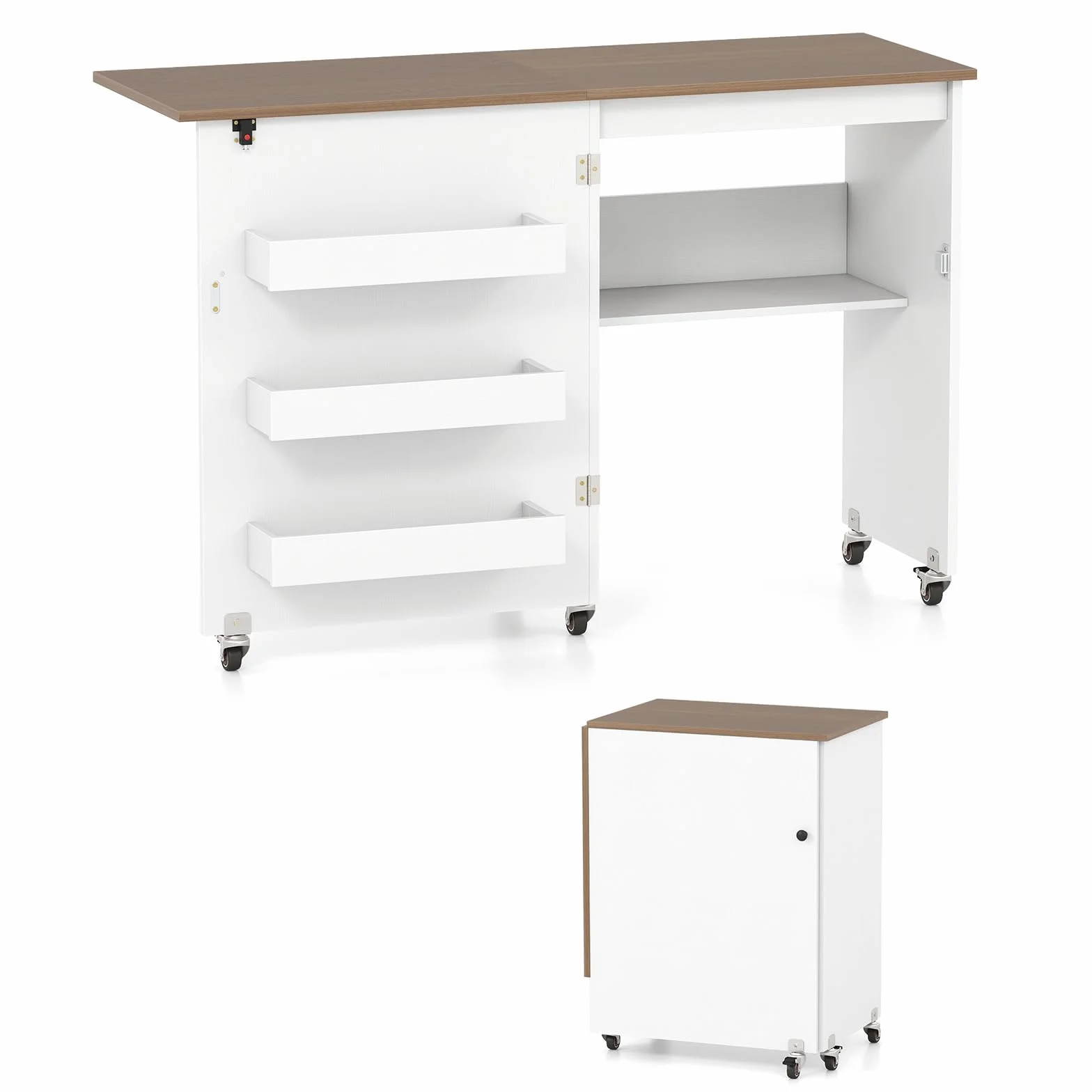 KOMFOTTEU Mesa de Costura Plegable, Mesa para Máquina de Coser con Ruedas y Compartimento de Almacenamiento, Armario para Máquina de Coser con 3 Contenedores Ocultos (Blanco y Natural)