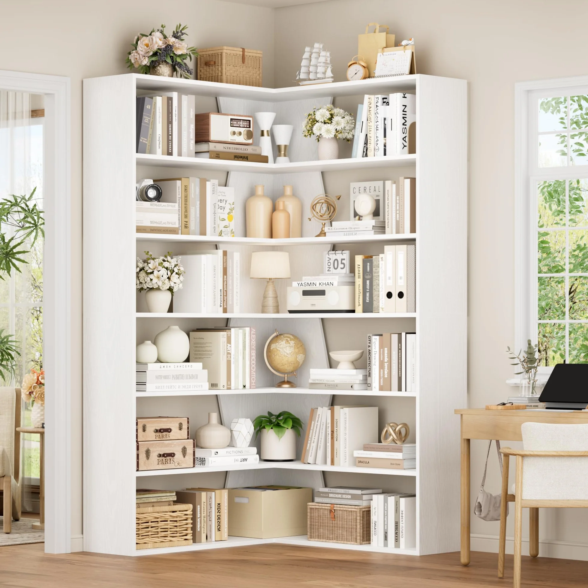 FirFurd 190.5cm Estantería Esquina 6 Niveles, Estantería Libros, Librería Salón, Estanterías Almacenaje Madera, Libreria Estanteria, con 12 Compartimentos, para Salón, Oficina, Estudio (Blanco)