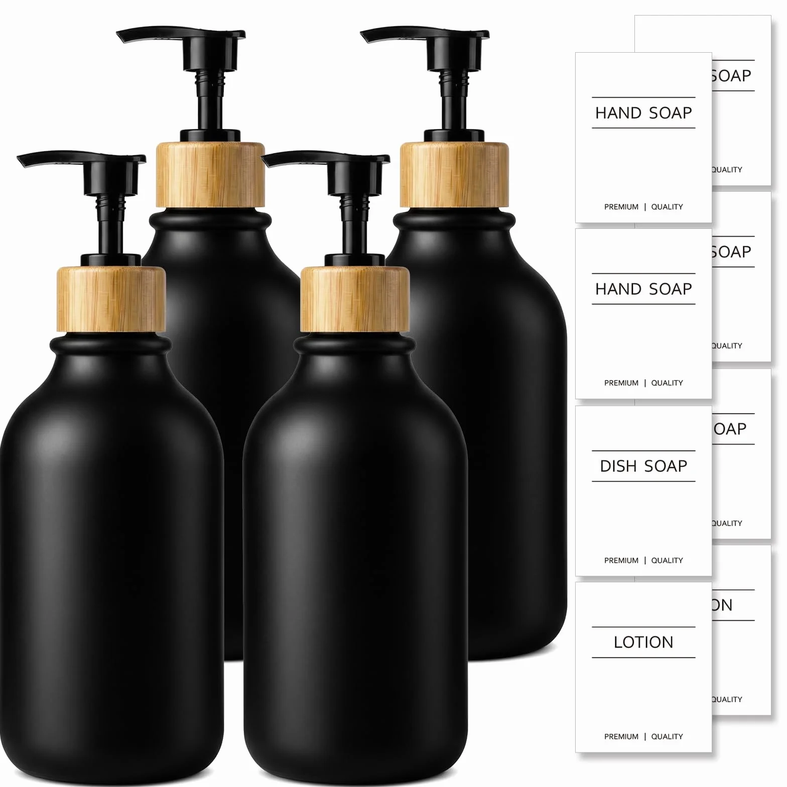 KASUNTING Dispensador de jabón negro, paquete de 4 dispensadores de jabón de manos para baño con bomba de bambú, juego de dispensador de manos y platos de plástico de 17 onzas líquidas para cocina,