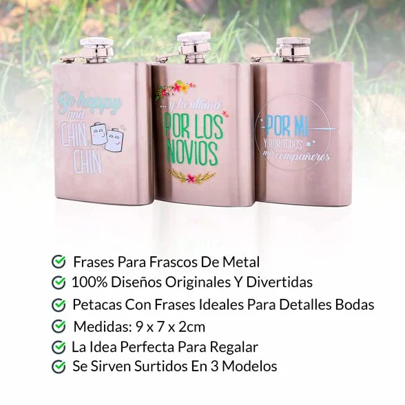 Lote de 20 Petacas Metal Frases Happy - Detalles Bodas Hombres y Mujeres