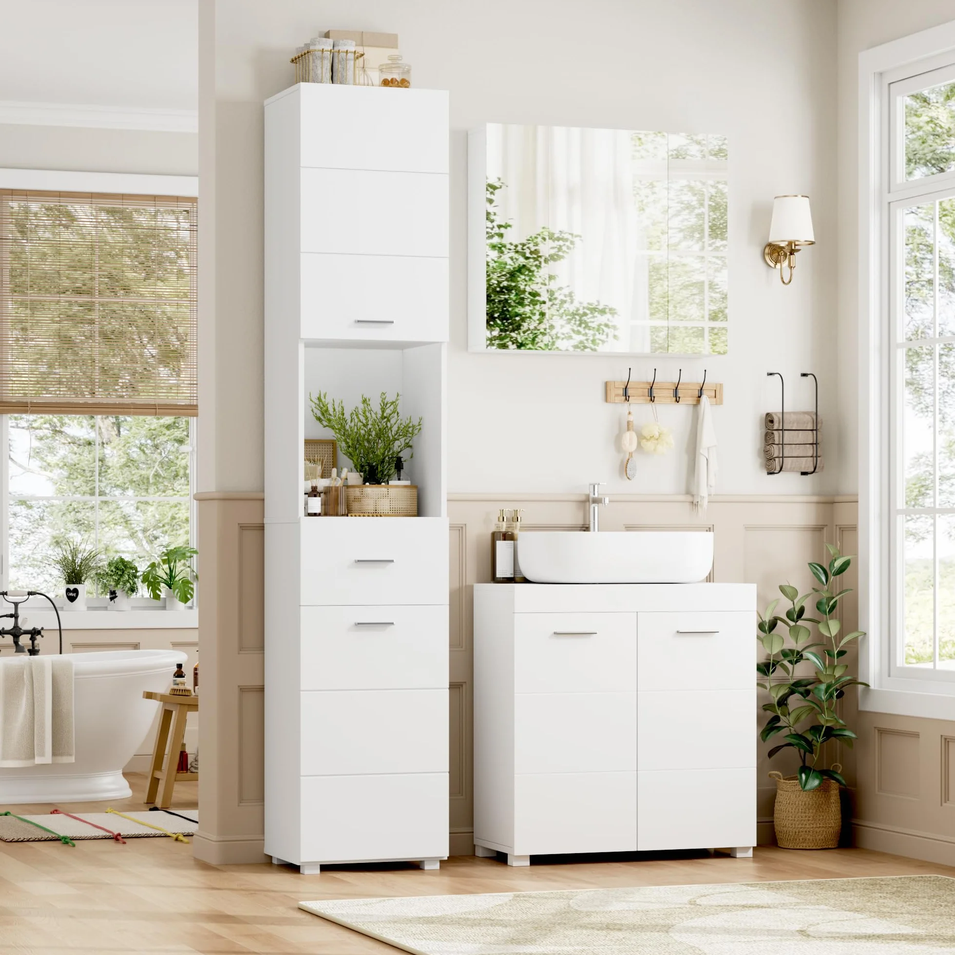 FOREHILL 180cm Mueble Columna Baño, Armario Baño Alto, Mueble Auxiliar Armario Estrecho y Alto, Madera, con 2 Puertas, 1 Cajón, Moderno, Blanco 37x30x180 cm