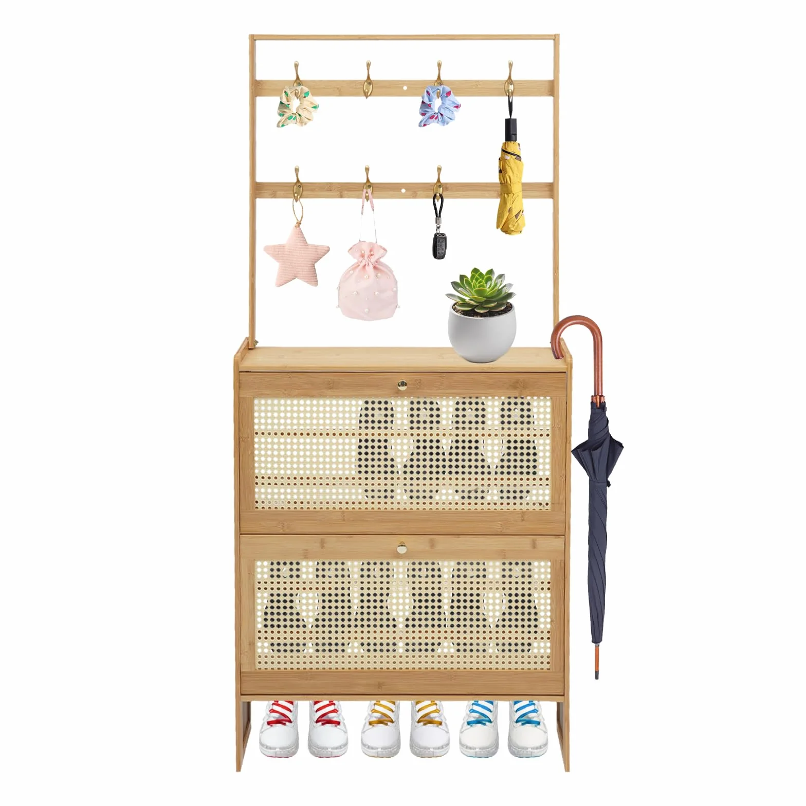 Mueble de zapatos de dos niveles para almacenamiento de zapatos con puerta batiente y ganchos para zapato, bambú, estante de almacenamiento, antipolvo, para entrada/pasillo/familia