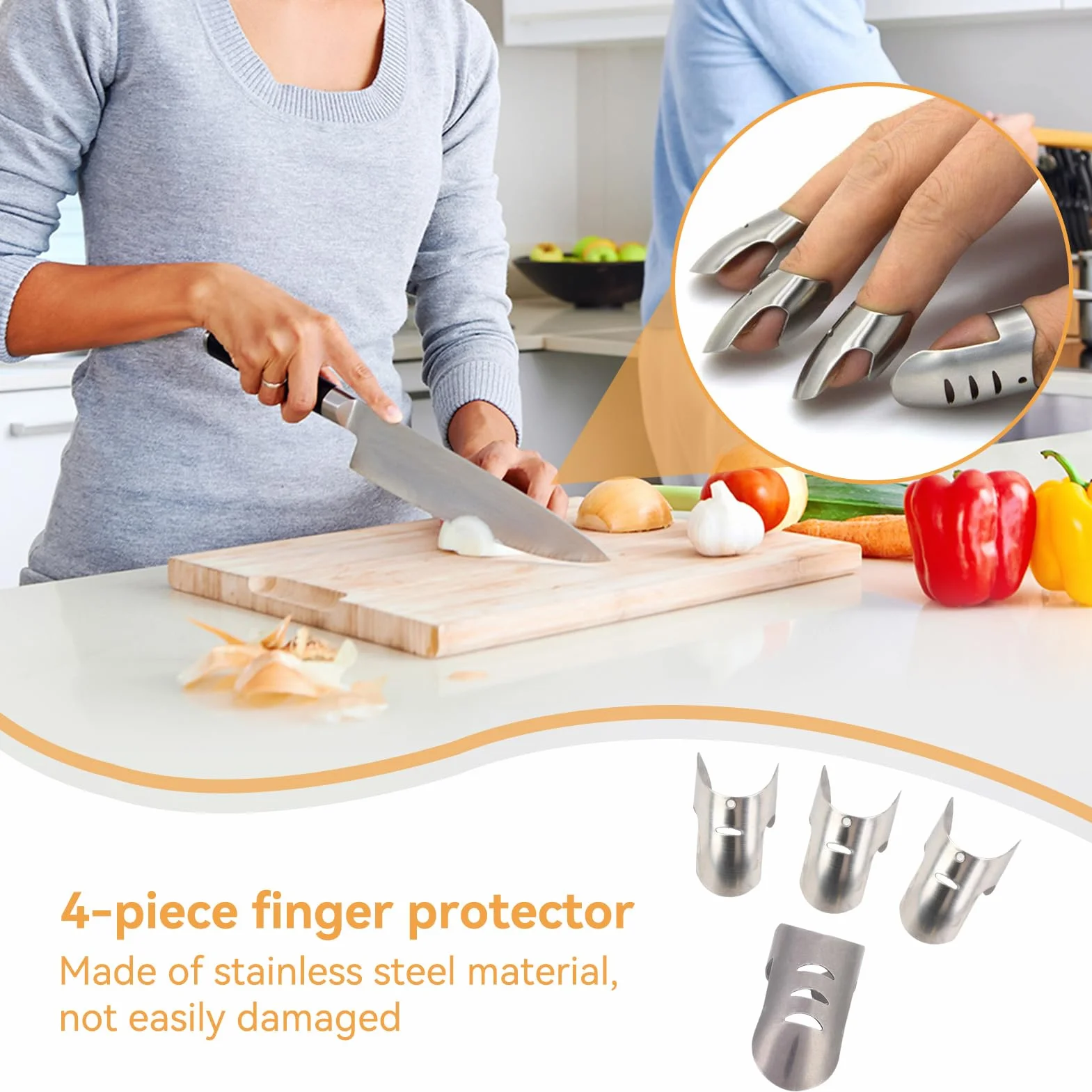 HERCHR 4Pcs Protección Anti-Corte para Manos, Protector de Dedos para Cortar Verduras, Herramienta de Cocina Acero Inoxidable