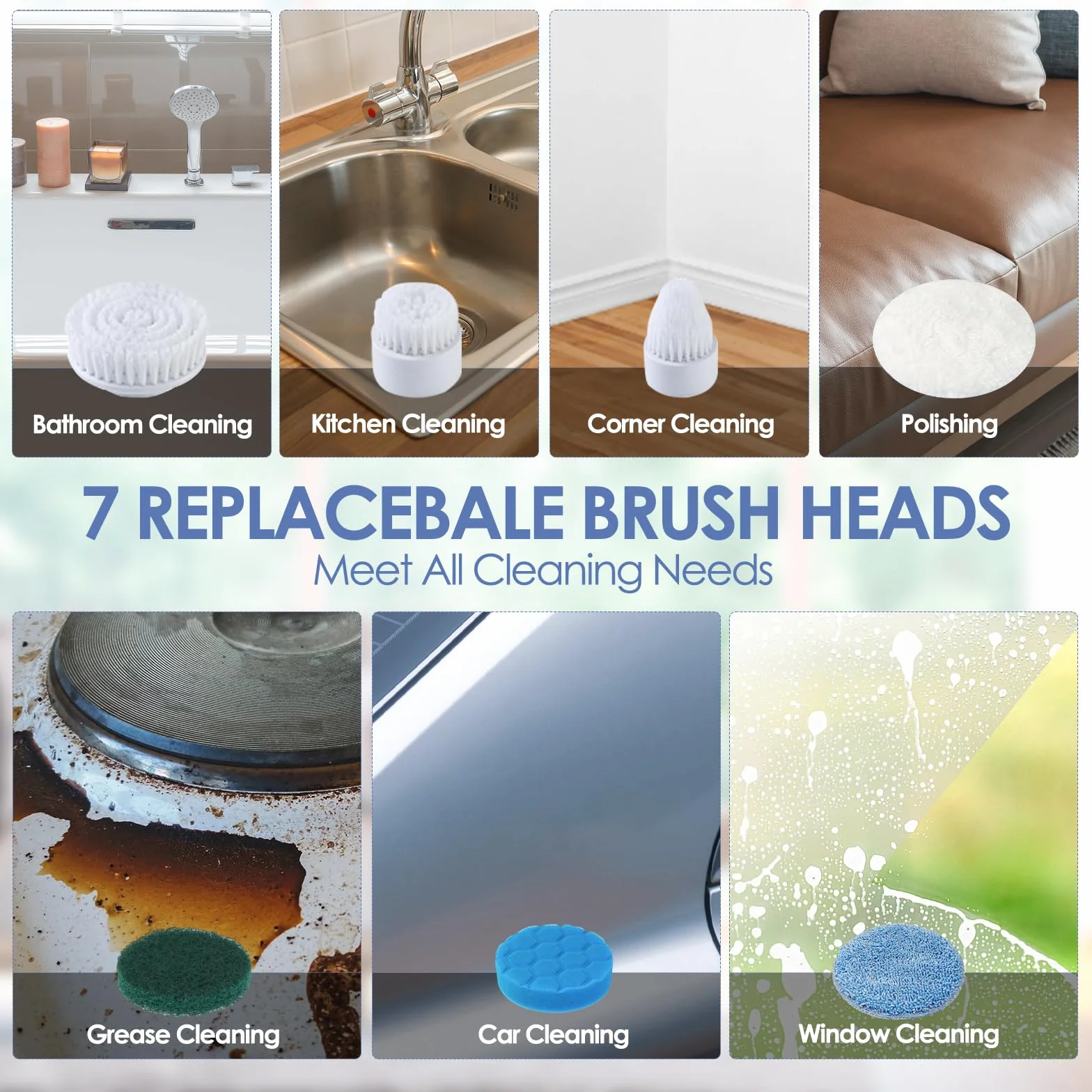 Fregadora Giratoria Eléctrico,Cepillo de Limpieza Inalámbrico con 8 Cabezas de Cepillo Reemplazables,Cepillo ElÉCtrico de Ducha con Mango Ajustable para Baño,Suelo de Baldosas y Coche