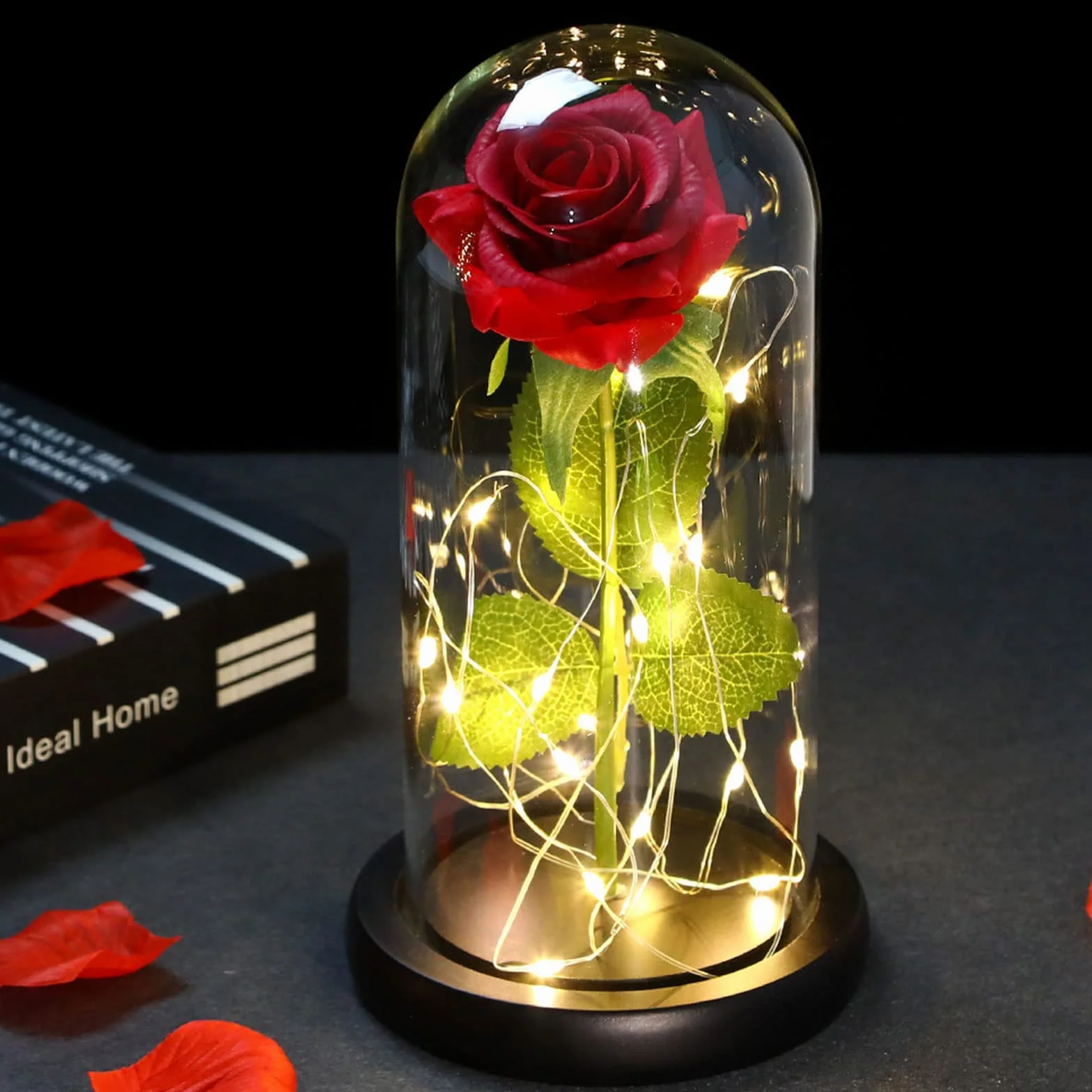 Rosa Eterna Kit Elegante con Cúpula de Cristal Base Pino Luces LED Tarjeta de Felicitación Bella y Bestia