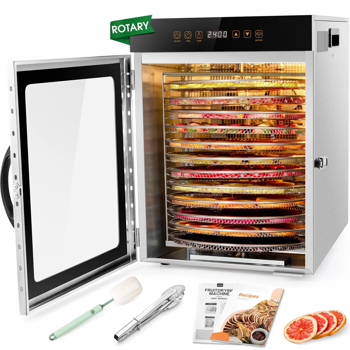 Kwasyo Deshidratador de Alimentos de Acero Inoxidable con 12 Rotar Bandejas, 1000W Secado eficiente de 720° con doble ventilador, Temporizador Temperatura Ajustabledeshidrata fruta, carne, verduras