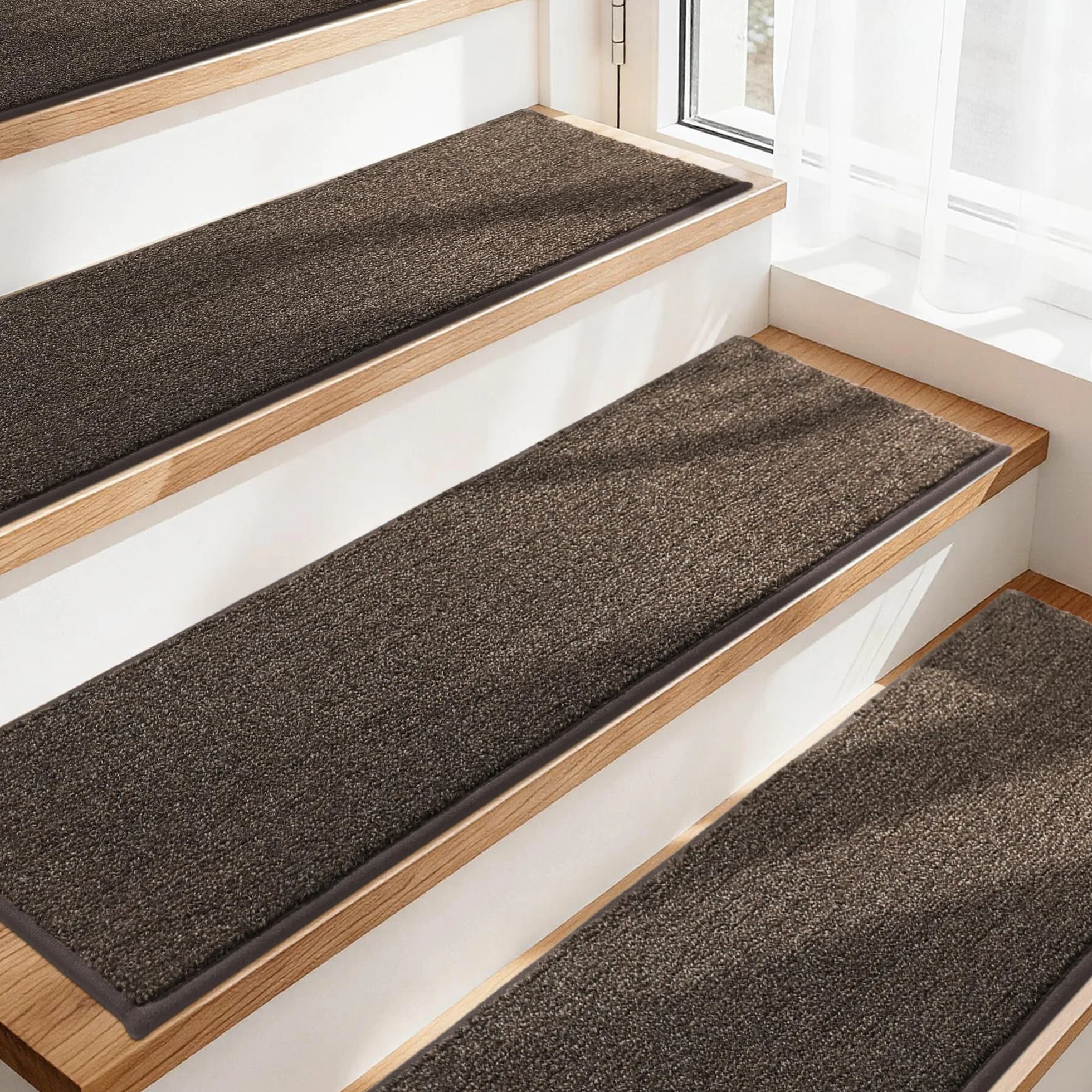 COSY HOMEER 15 alfombrillas para peldaños de escaleras, 70 x 22 cm, autoadhesivas, lavables a máquina, 100 % poliéster, respaldo TPE, ideal para niños, personas mayores y mascotas, color marrón