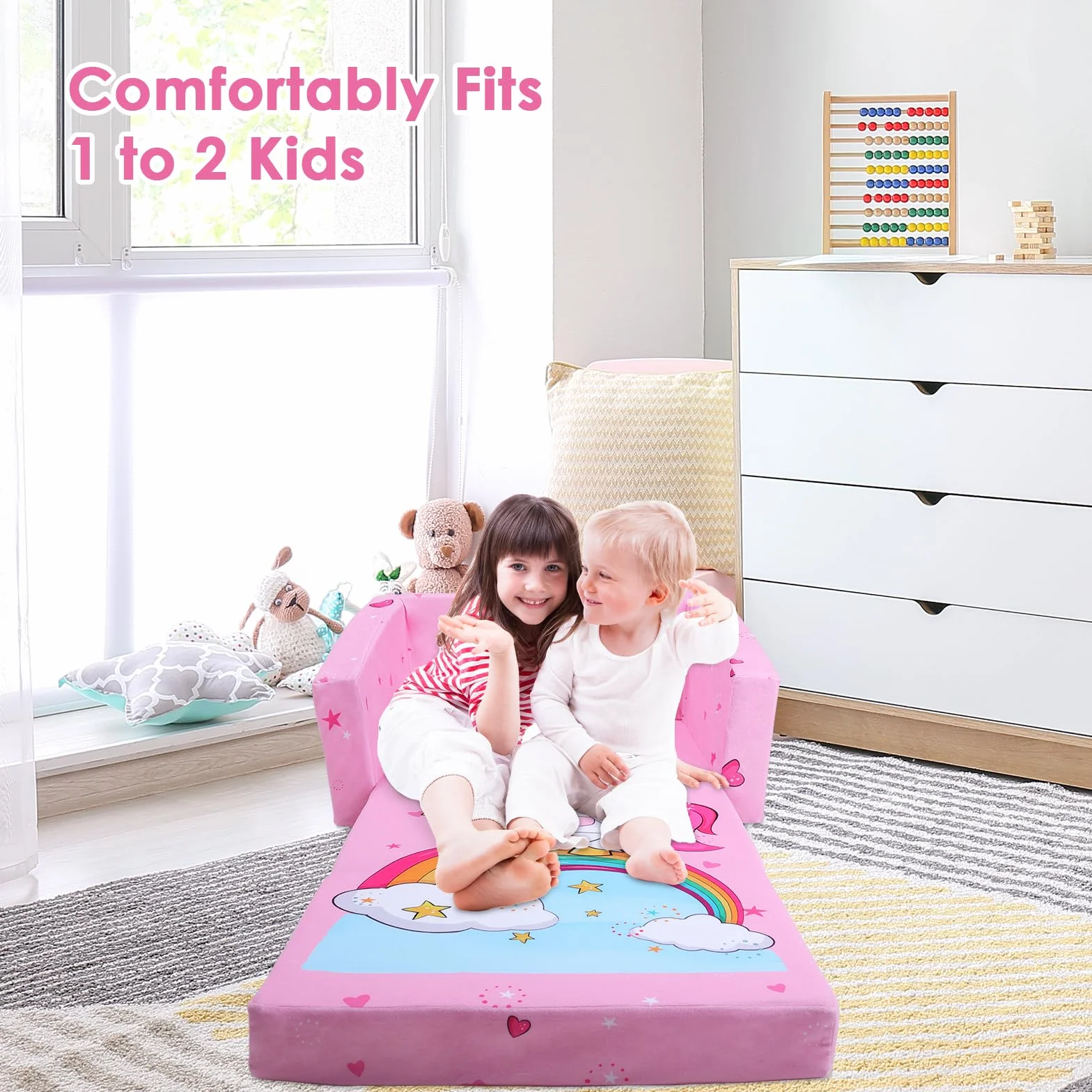 decalsweet Sofás Plegables para niños Sillón con Respaldo 2 en 1, Sillón Infantil Cómoda Estable Ligero con Bolsillo de Tela, Sofá Cama Asiento para Bebé para Dormitorio Sala de Juegos, Unicornio